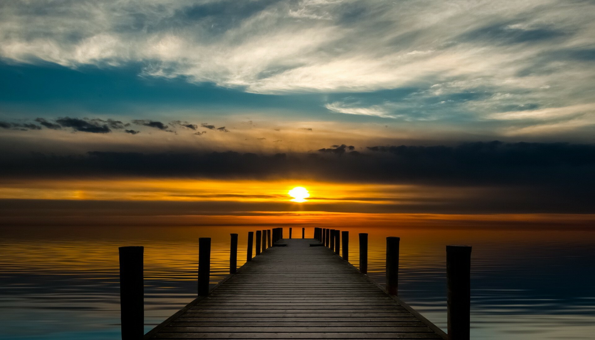 Clouds and sun, Pier by the sea, Tranquil scenery, Skyline silhouette, 1920x1100 HD Desktop