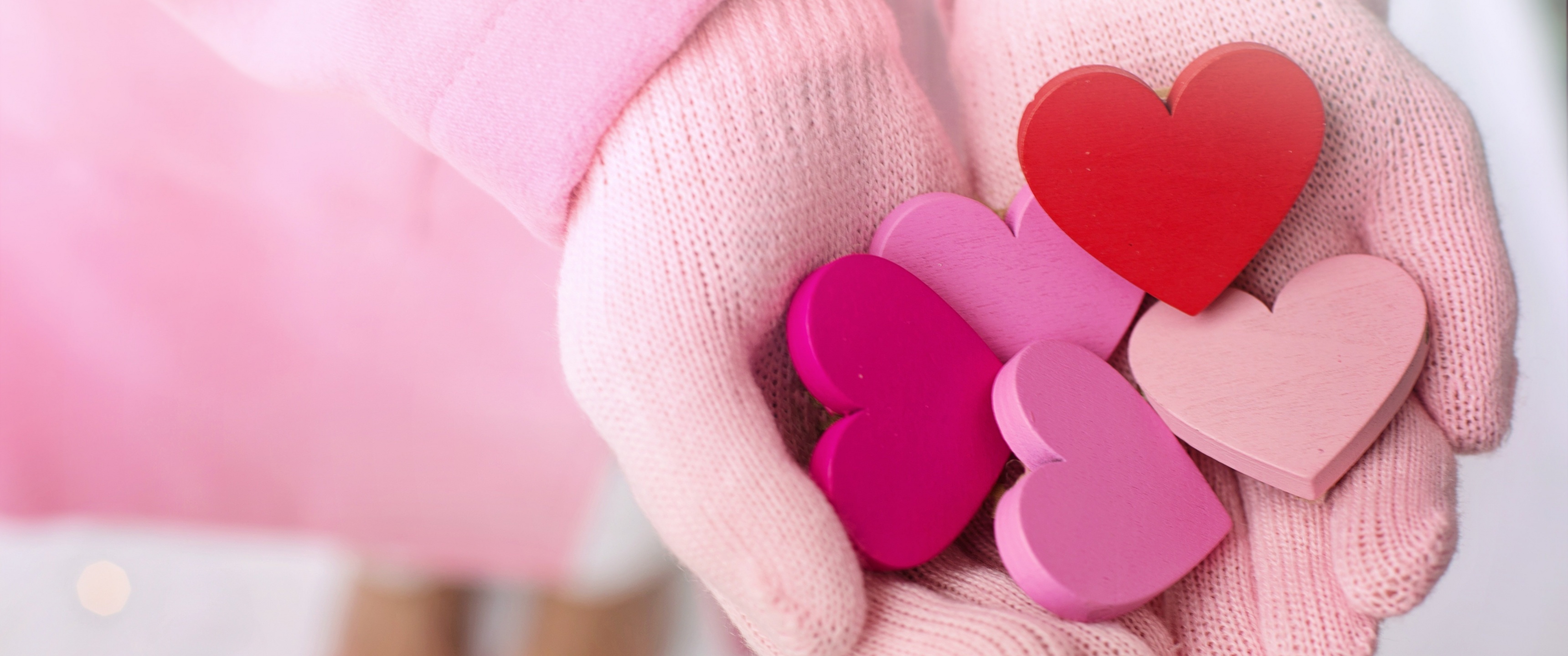 Hearts, Love, Pink theme, Beautiful hand gloves, 3440x1440 Dual Screen Desktop