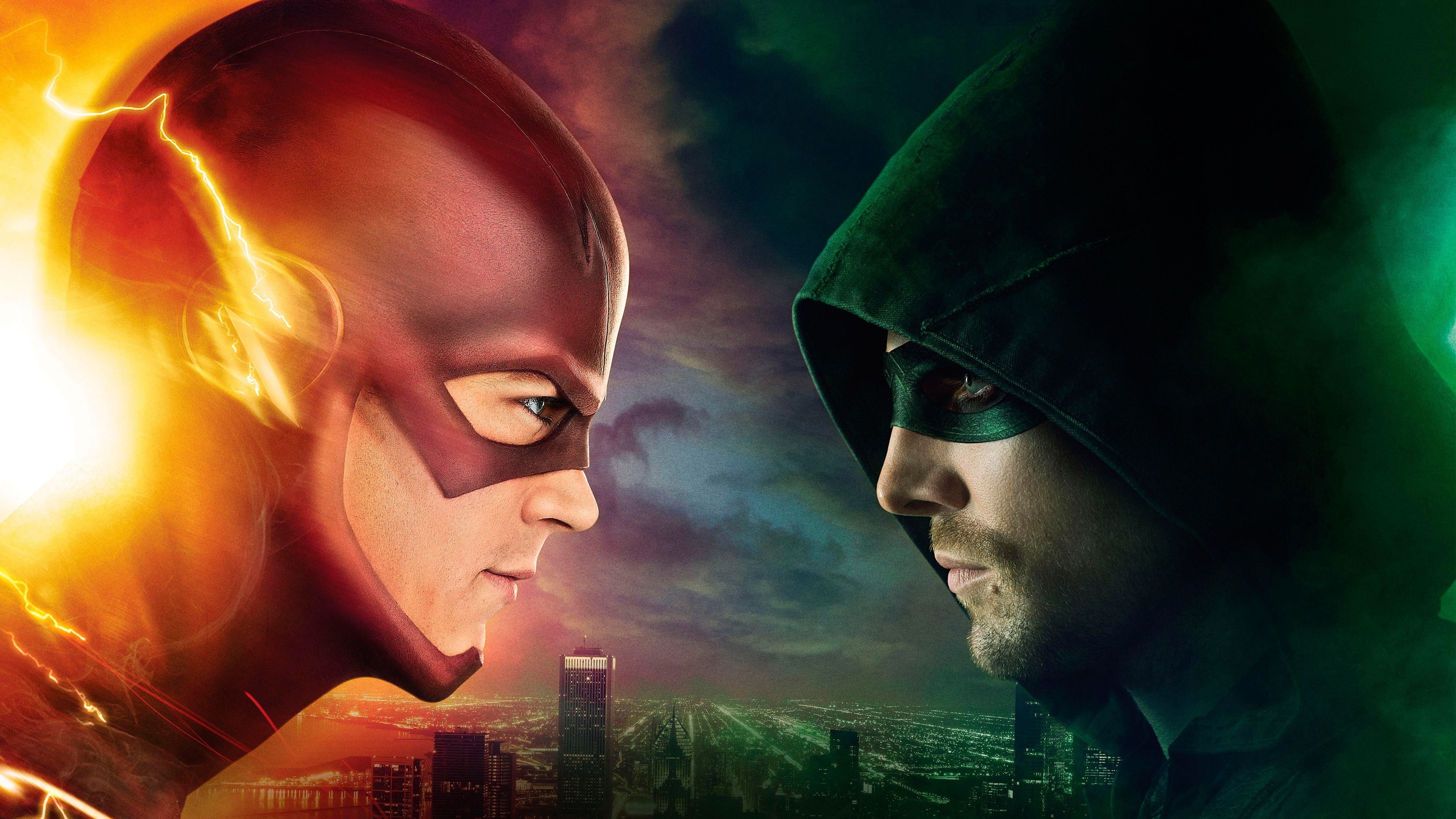 Green Arrow and Flash: The inaugural Arrowverse crossover event, broadcast on The CW, Superhero TV series. 3840x2160 4K Background.