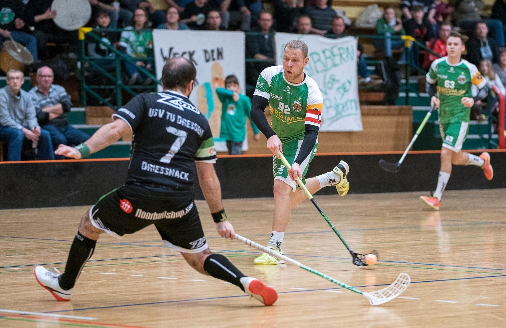 Floorball: The German League competition, Men's event, Recreational activity and indoor sport. 1920x1250 HD Background.