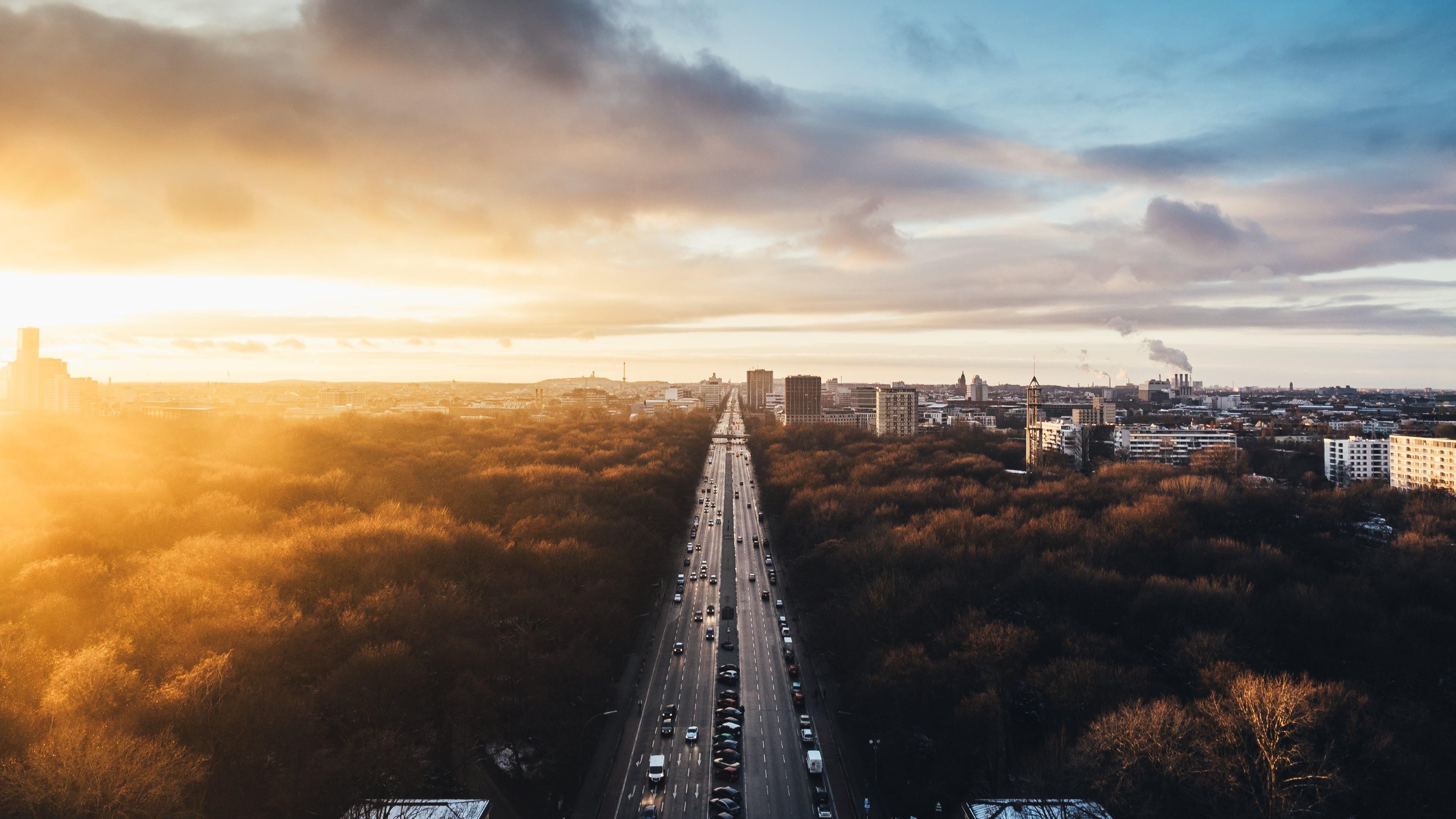 Cityscape: Road to Berlin, Suburban forests of the capital of Germany at sunrise. 3840x2160 4K Wallpaper.