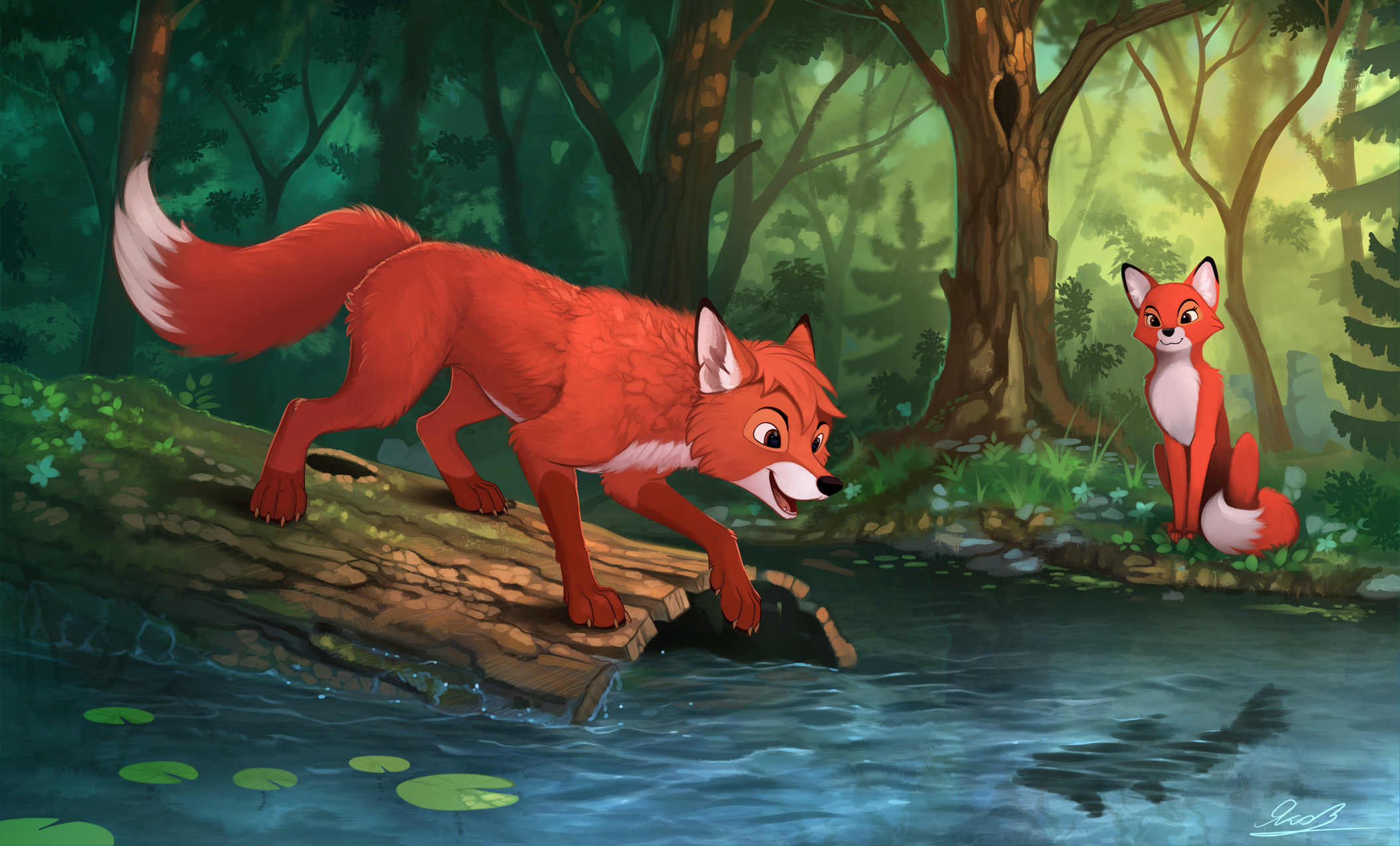 The Fox and the Hound, Artistic depiction, Wildlife representation, Disney ambiance, 2110x1280 HD Desktop