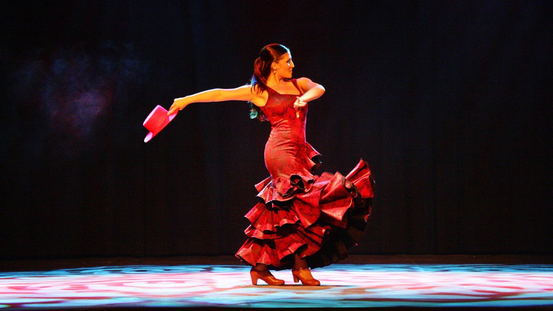 Flamenco: Sweeping arm movements, A traditional red dress with layers of ruffles on the skirt. 1920x1080 Full HD Wallpaper.