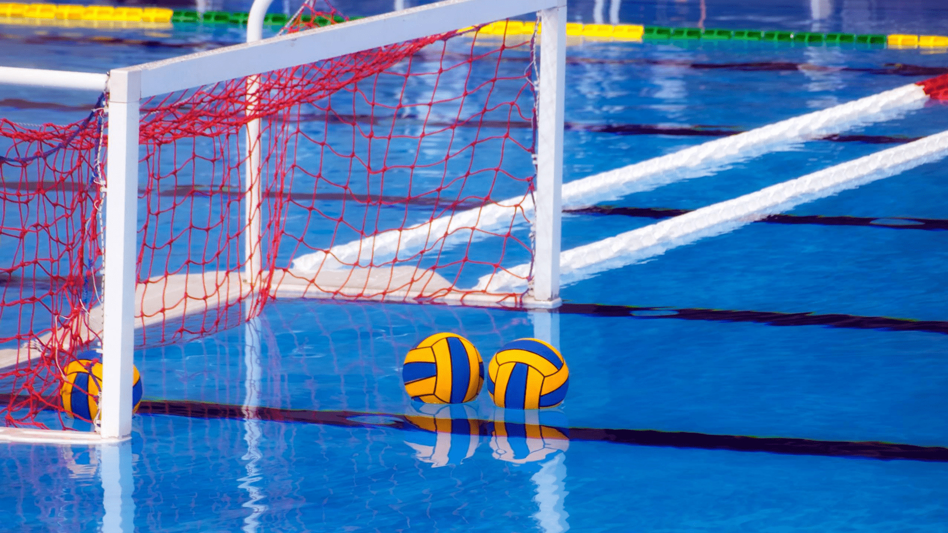 Water Polo: Swim sports balls near the goal in a competition pool, Recreational sport and a swimming activity. 1920x1080 Full HD Background.