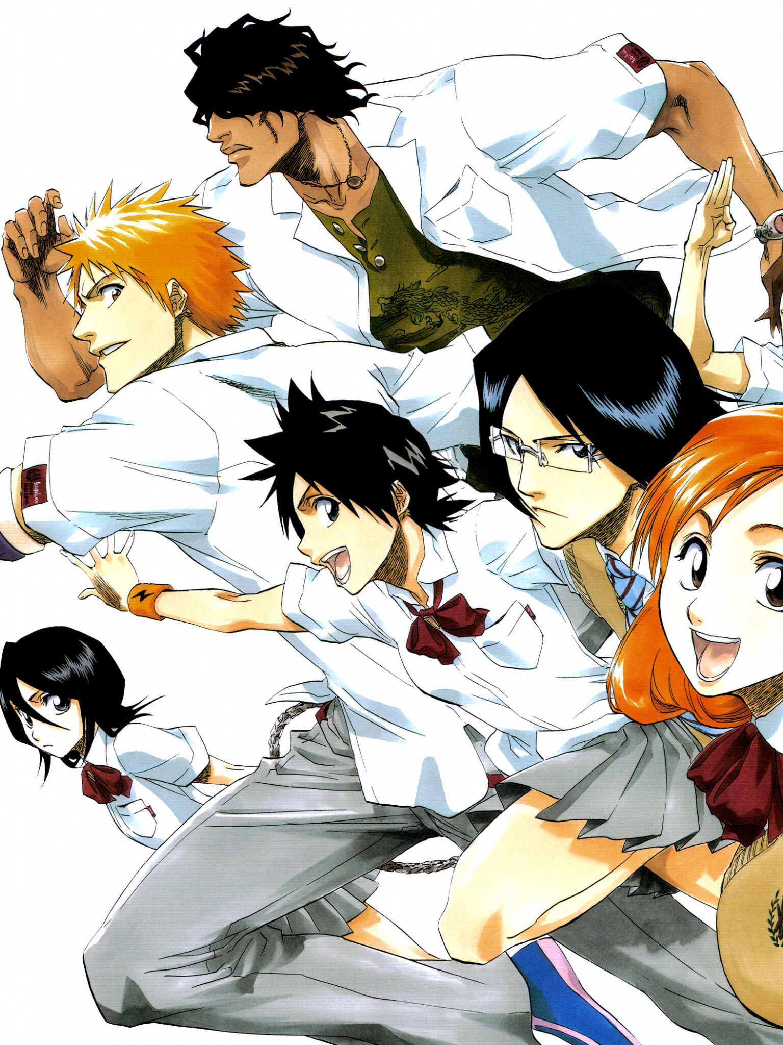 Bleach: Anime, Rukia, Ichigo, Chad, Tatsuki, Uryu, Orihime, Keigo, and Mizuiro. 1540x2050 HD Wallpaper.