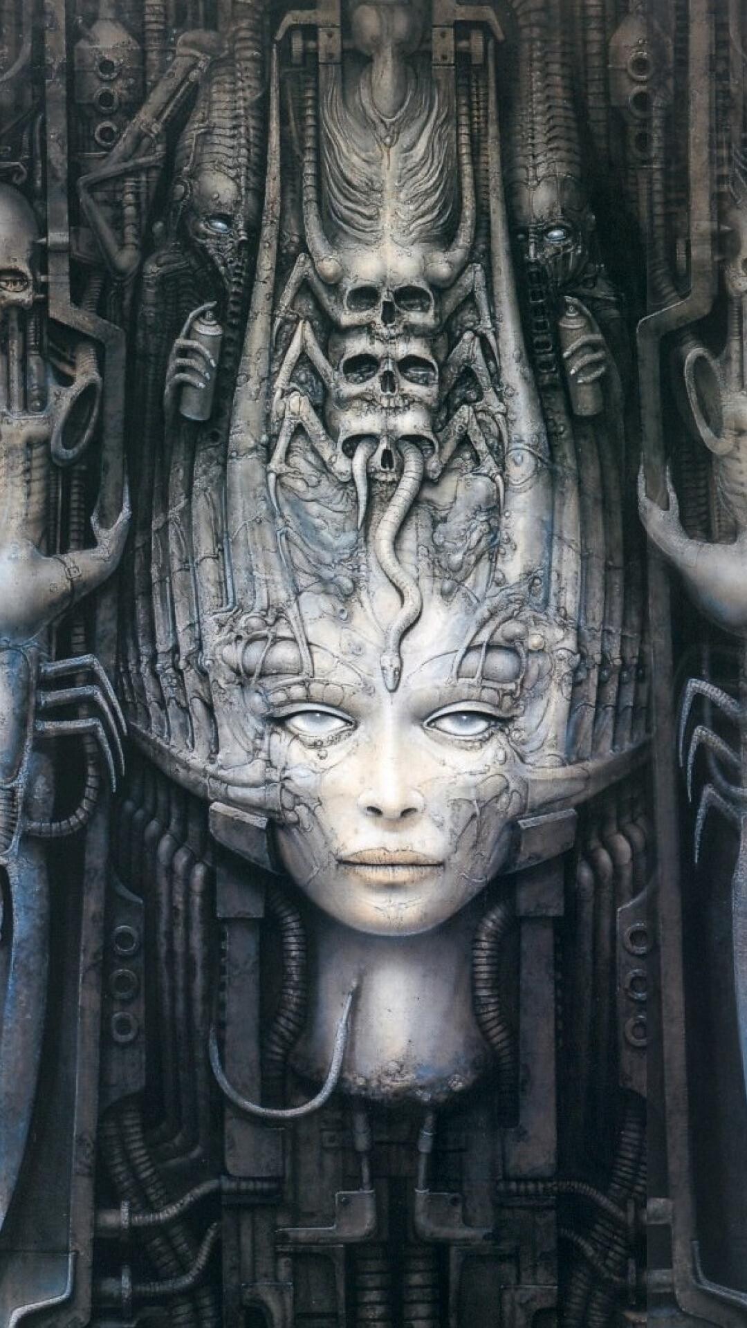 H.R. Giger: The Mother Of The Machines, Airbrush Paintings. 1080x1920 Full HD Wallpaper.