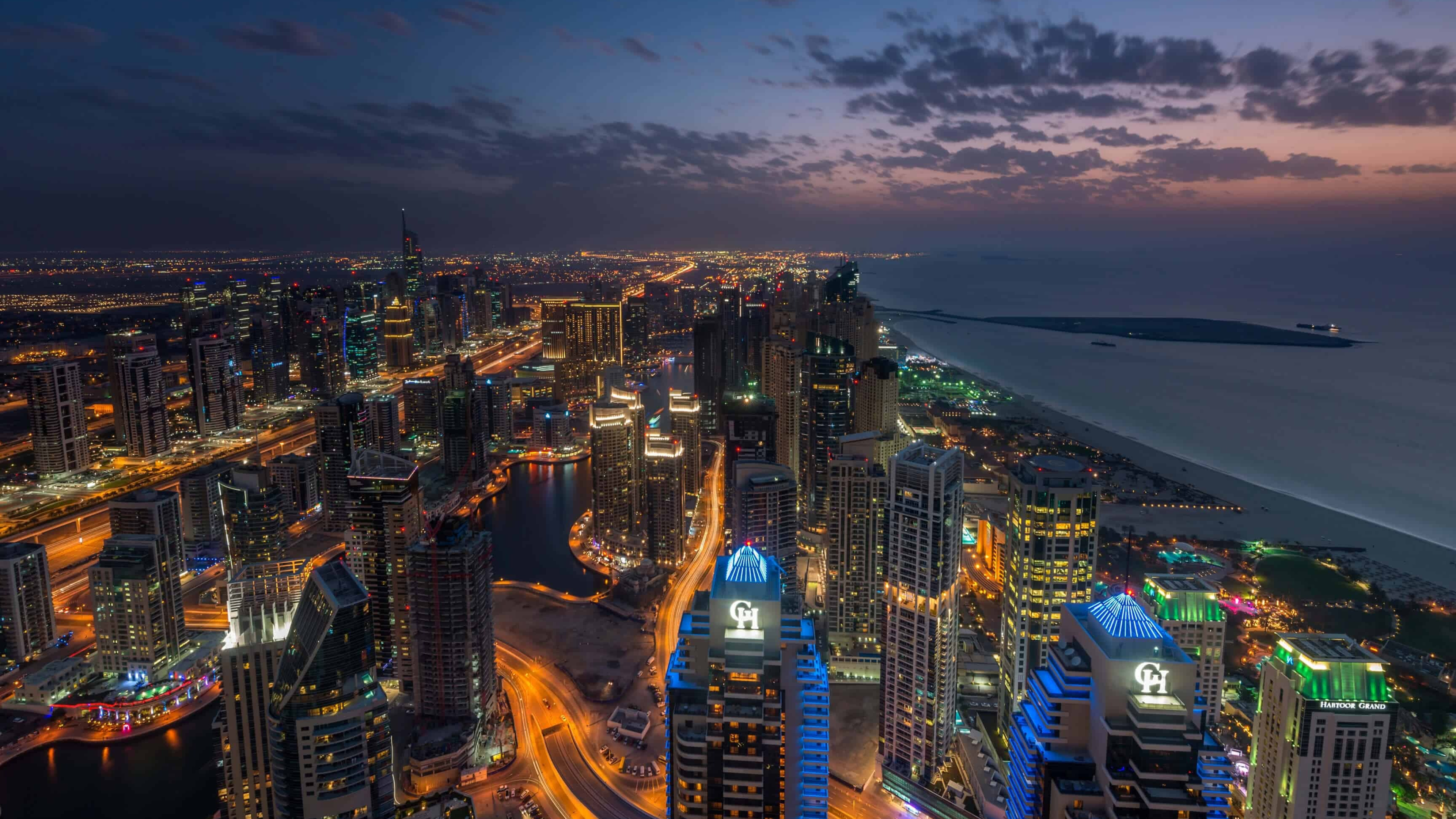 United Arab Emirates: Dubai marina at night, UAE, A country in Western Asia. 3840x2160 4K Wallpaper.