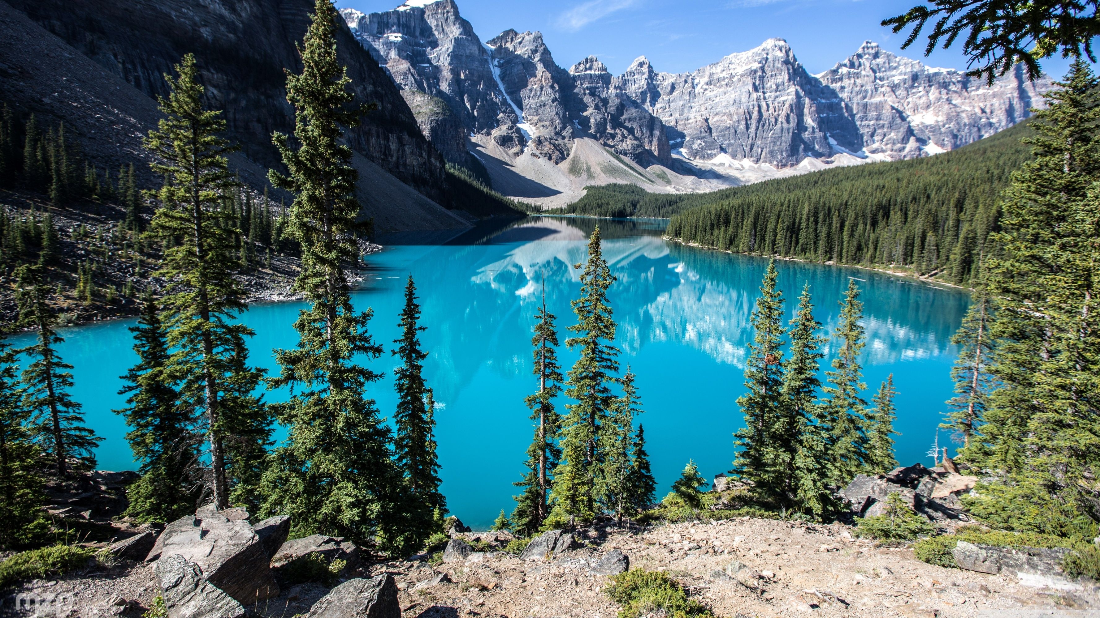 Moraine Lake, Canada 4K wallpapers, Majestic mountains, Tranquil lake, 3560x2000 HD Desktop