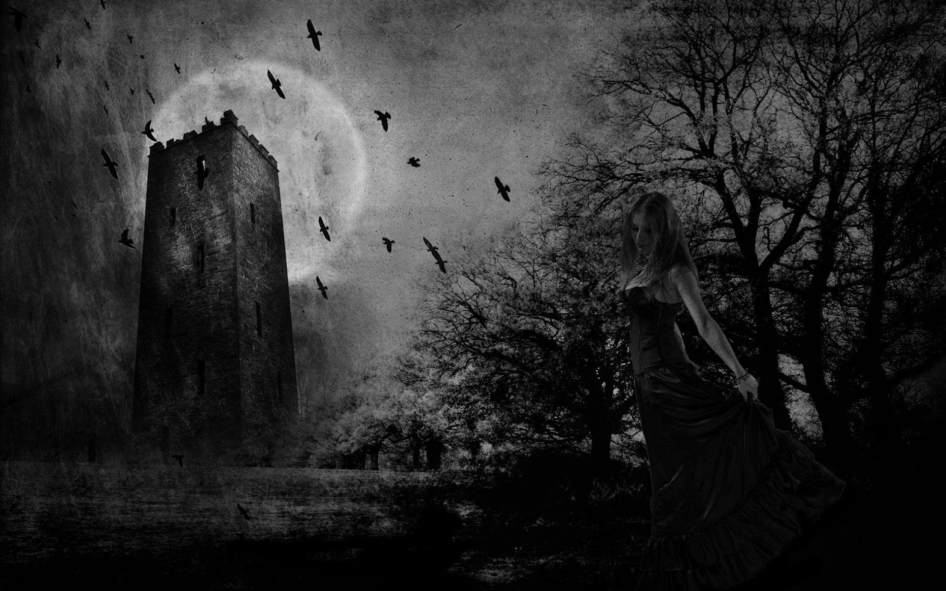 Gothic Art: Lone tower, Fantasy, Moonlight, Black and white, Ravens, Grimly. 1920x1200 HD Background.