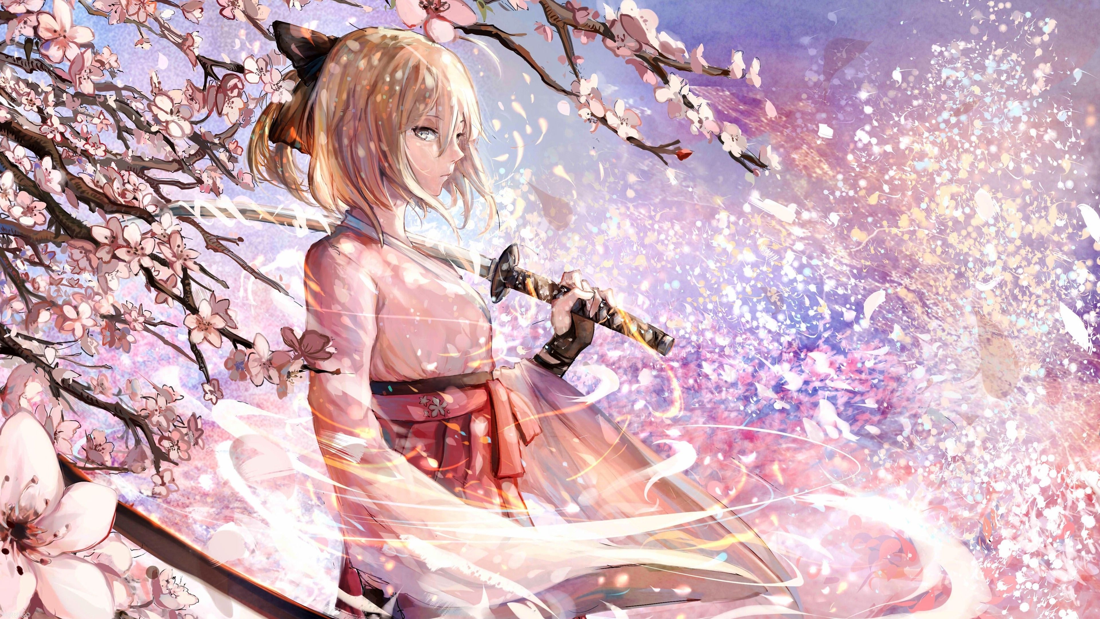 Anime Girl: Manga, Sword, Weapons, Warrior, Blossoms. 3840x2160 4K Wallpaper.