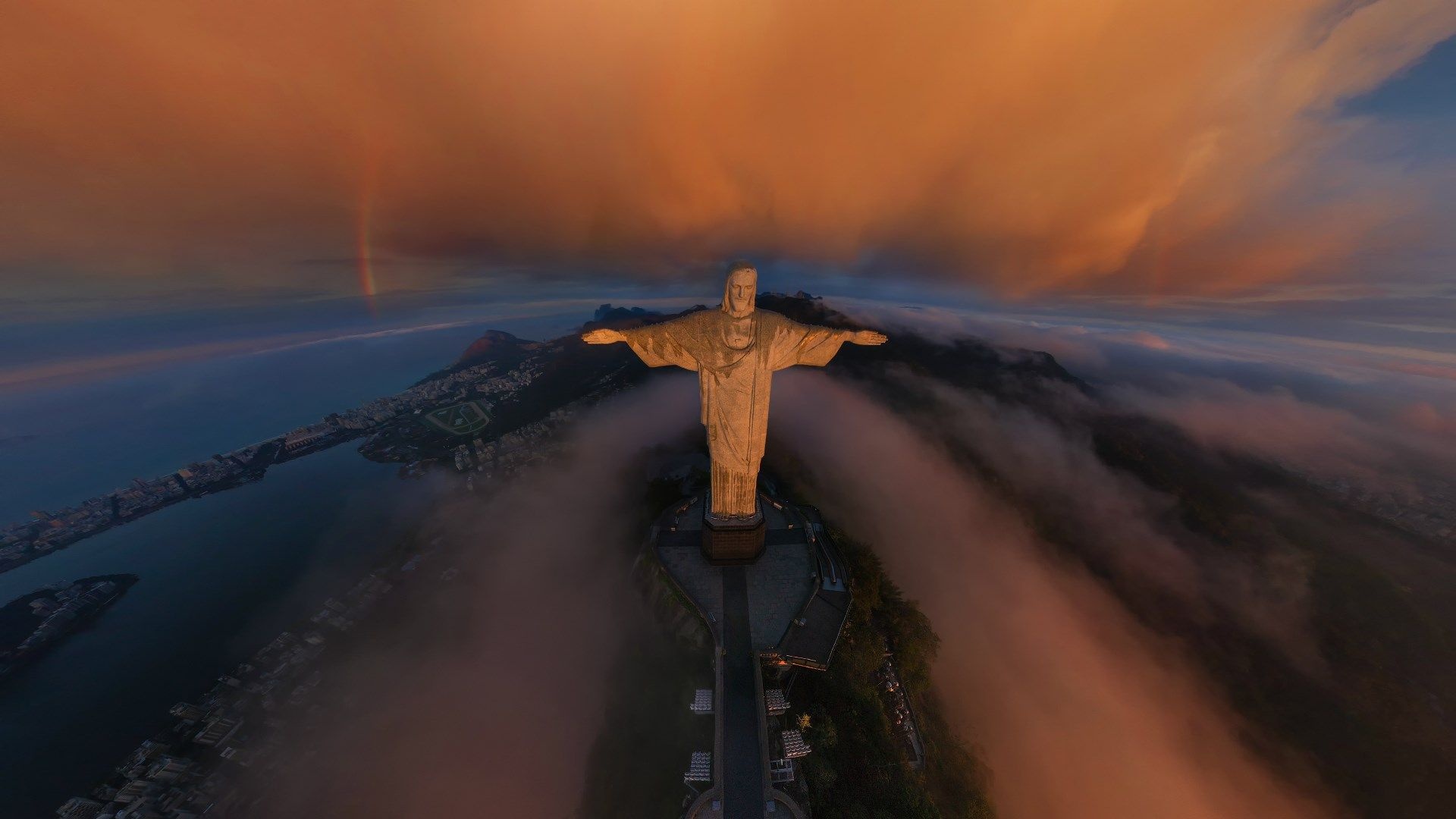 Christ the Redeemer, Spectacular sunset, Mountain peak, Religious monument, 1920x1080 Full HD Desktop
