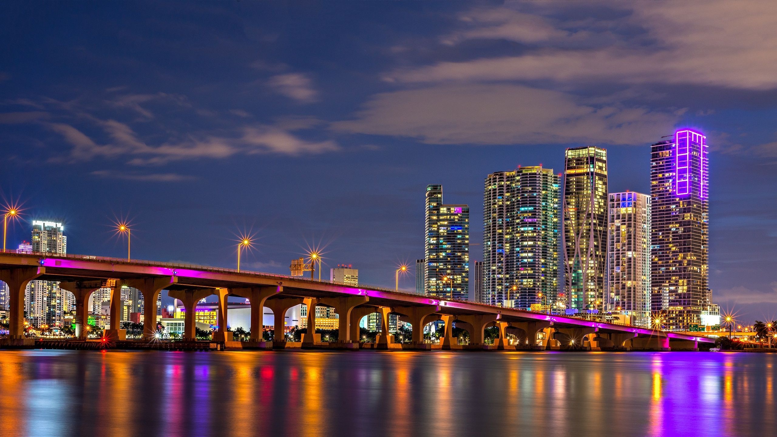 Miami Beach Skyline, Nighttime views, Top free backgrounds, 2560x1440 HD Desktop