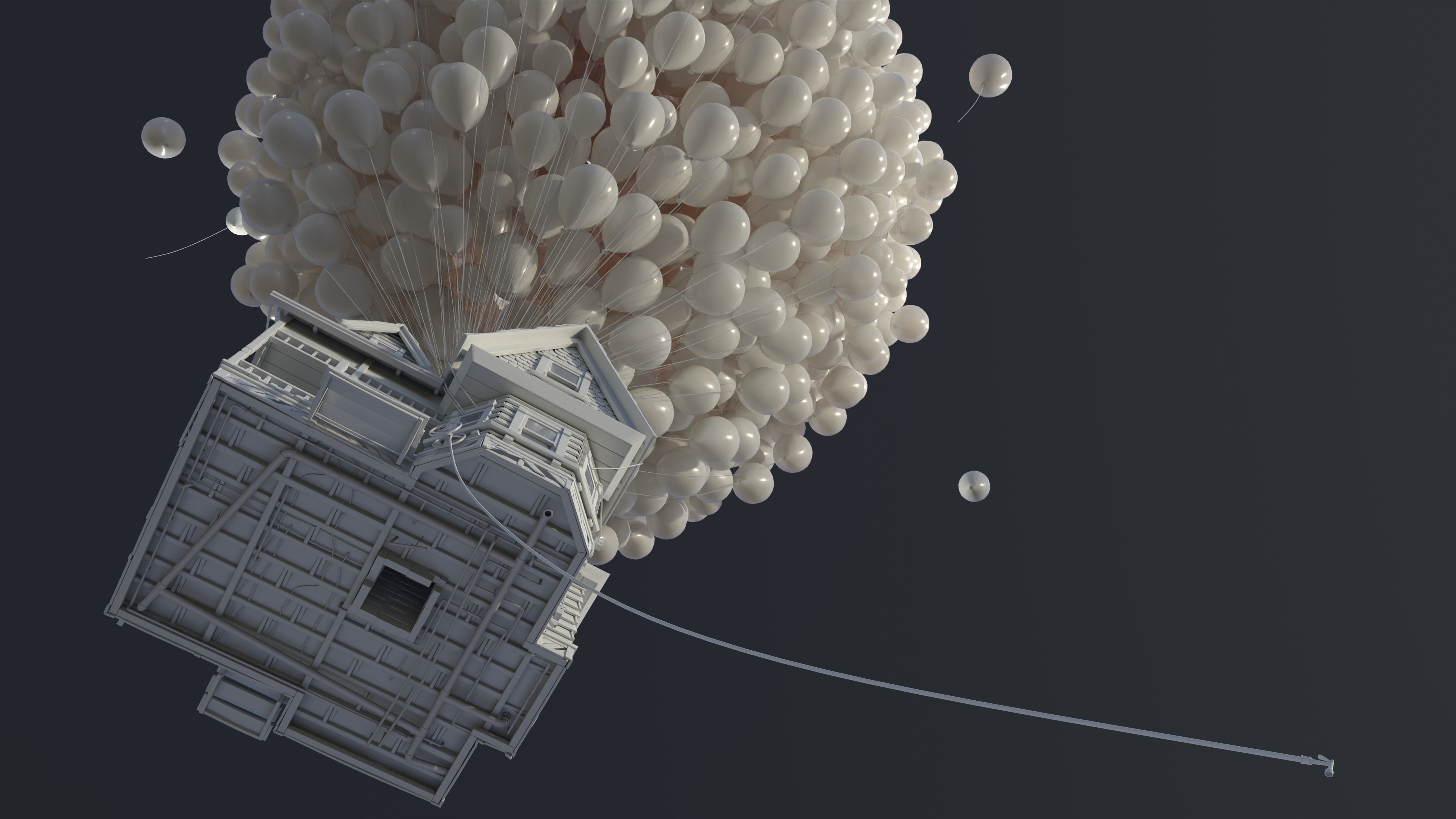 Cluster Ballooning: Monochrome flying house from Up animation movie, 3D model, Pixar Animation Studios. 3840x2160 4K Wallpaper.