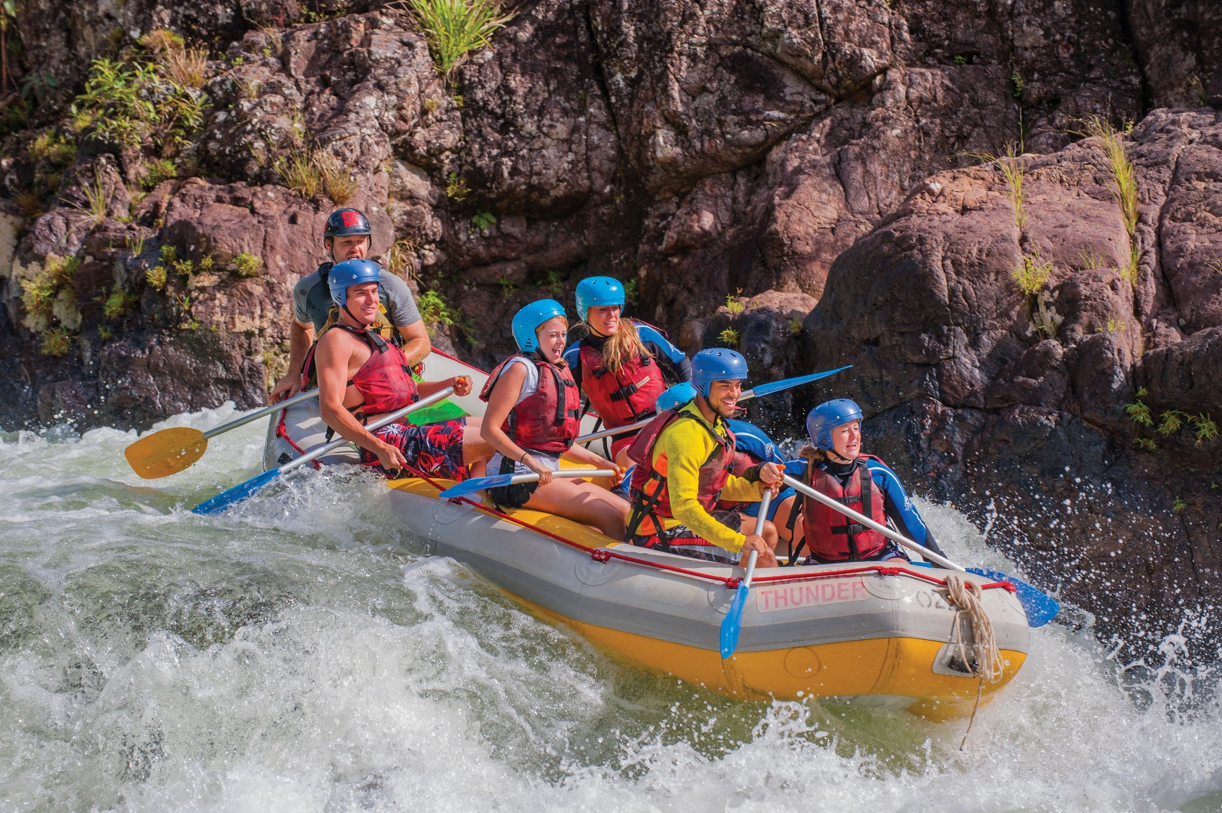 Rafting: A moment of small drop during the whitewater boating. 2460x1640 HD Background.