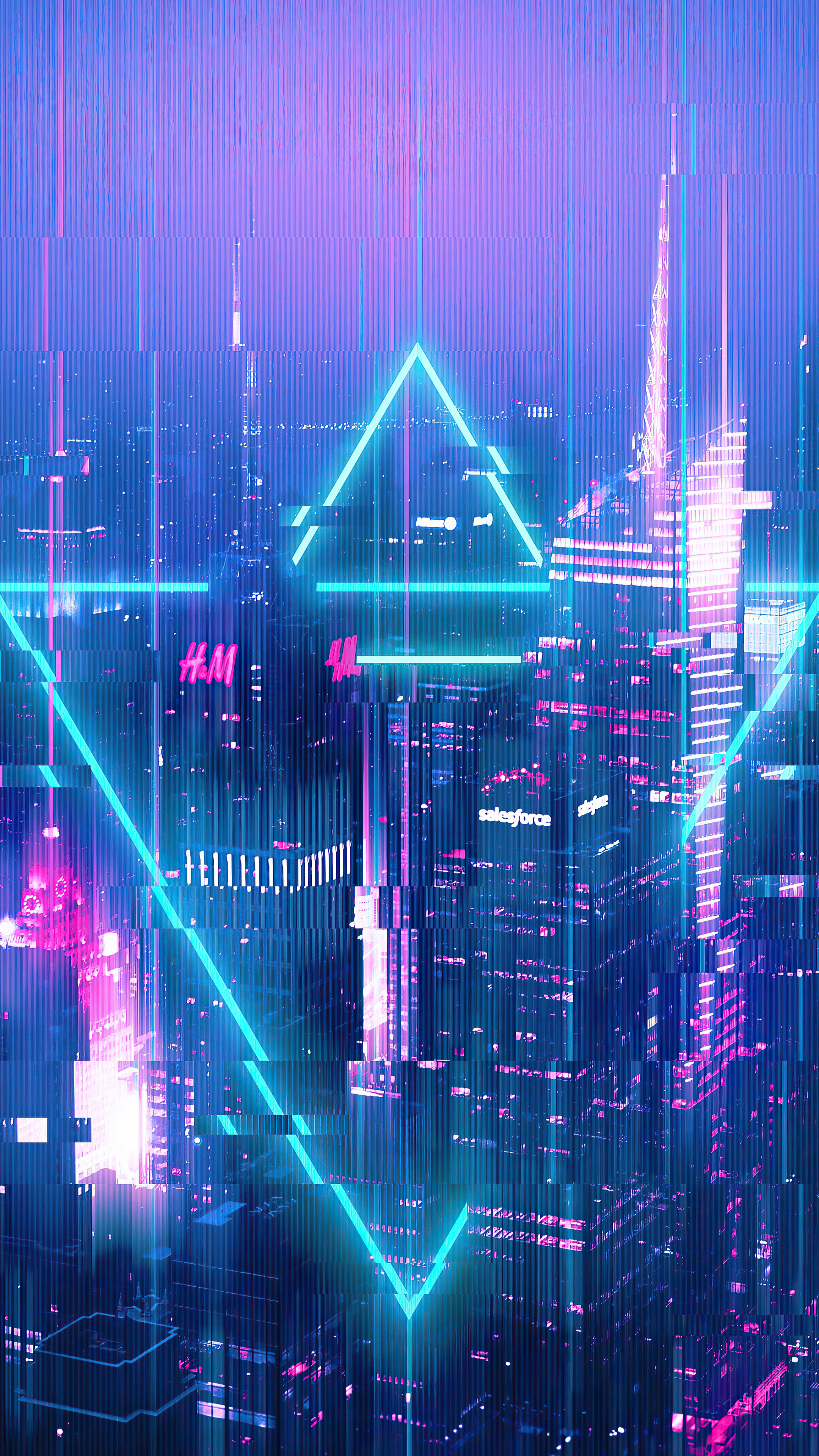 Glitch: City visual art, Neon equilateral triangles, Misplaced pixels, Skyscrapers. 2160x3840 4K Background.