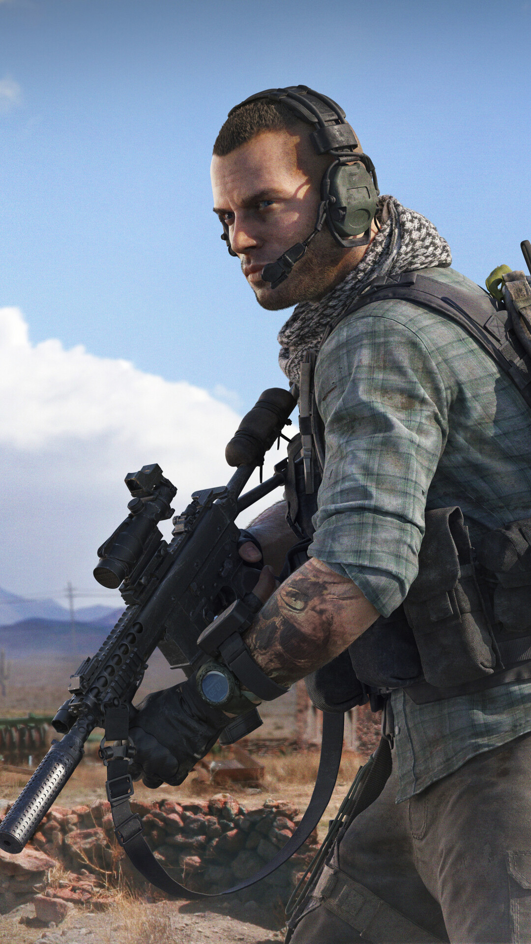 Ghost Recon: Wildlands: Holt - a hacker and a tactical engineer of the group, Military Squad, M4A1 Carbine. 1080x1920 Full HD Background.