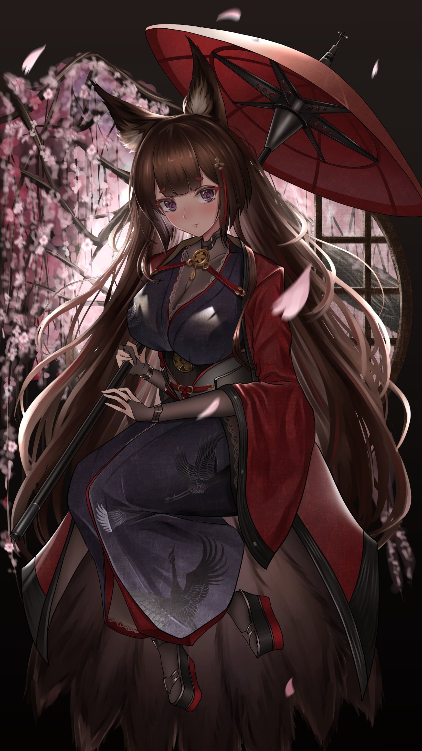 Anime Girl: Amagi, Support character in Azur Lane, Battle cruiser of Sakura Empire, Kitsune. 1730x3080 HD Wallpaper.