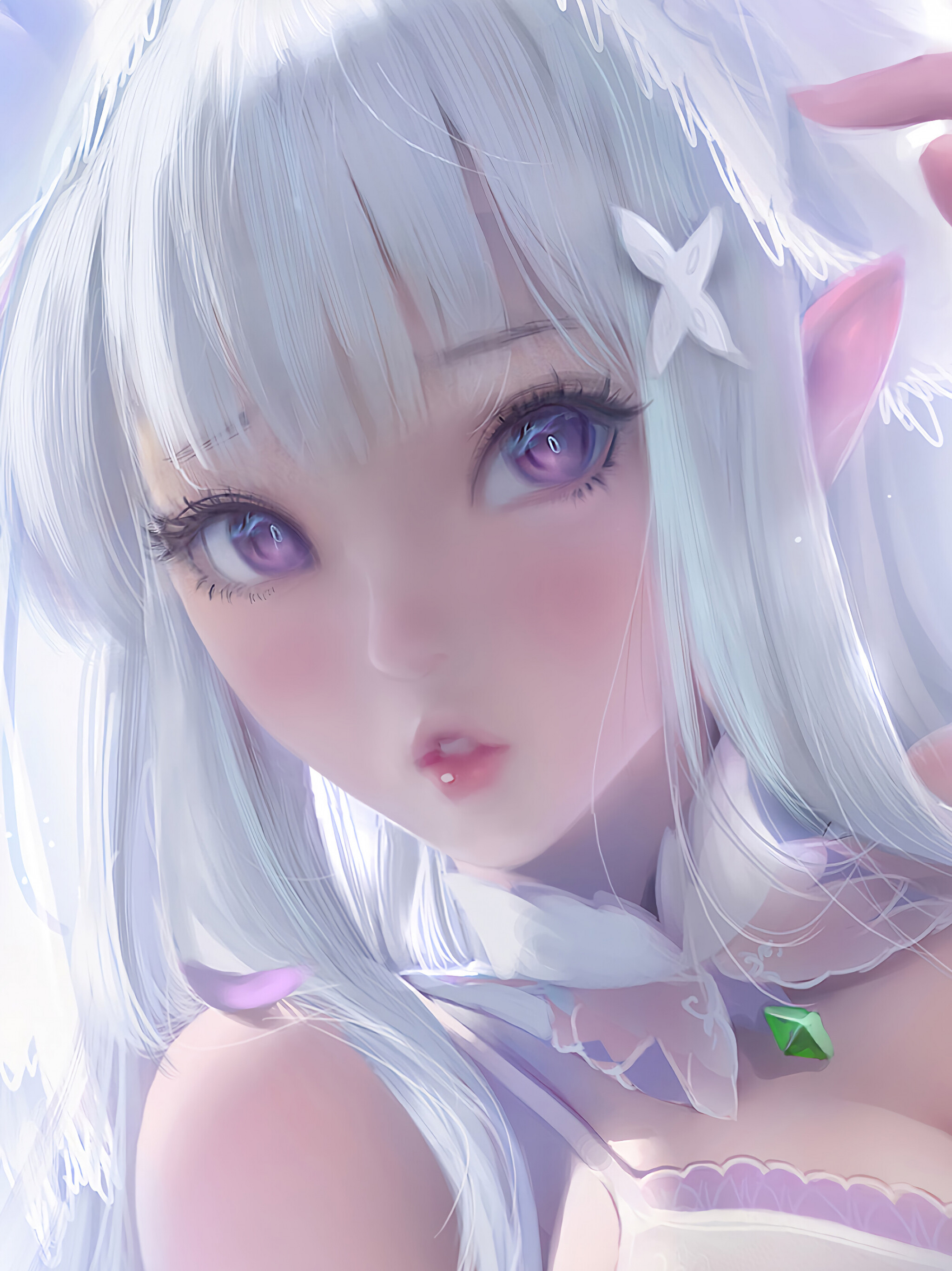 Girly: Emilia, The main heroine of the Re:Zero kara Hajimeru Isekai Seikatsu series, A half-elf. 2050x2740 HD Background.
