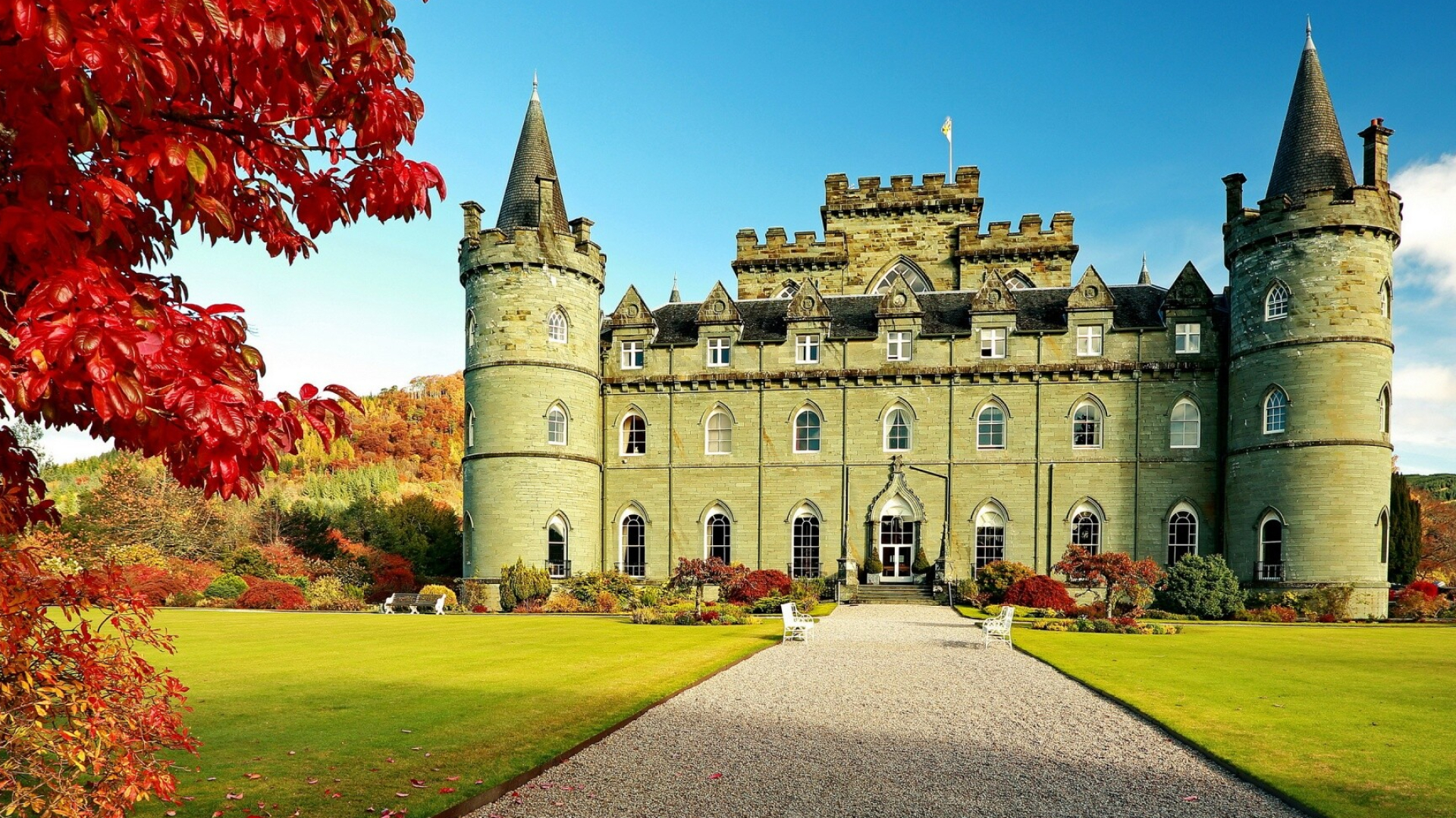 United Kingdom: Inveraray Castle, The country occupies the major part of the British Isles. 1920x1080 Full HD Background.