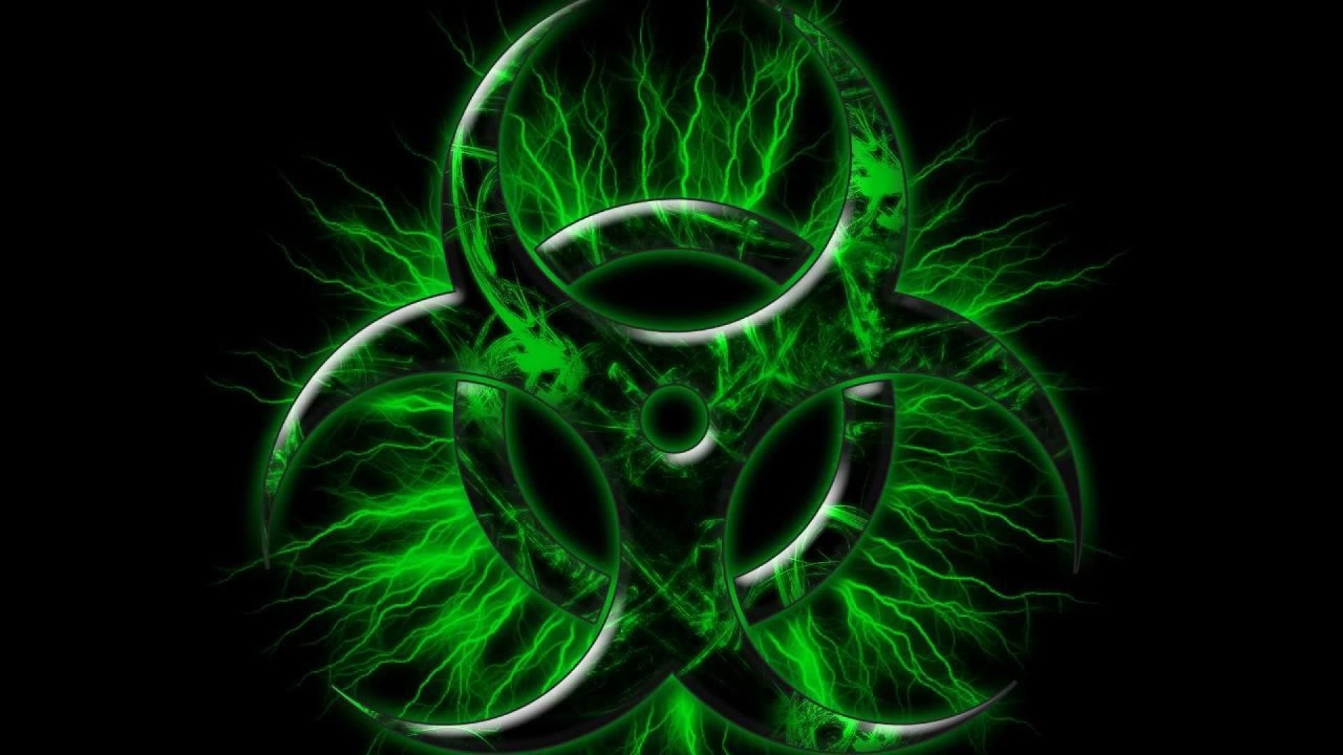 Green Biohazard: Quickly recognizable and easily recalled biological hazard warning sign. 1920x1080 Full HD Background.