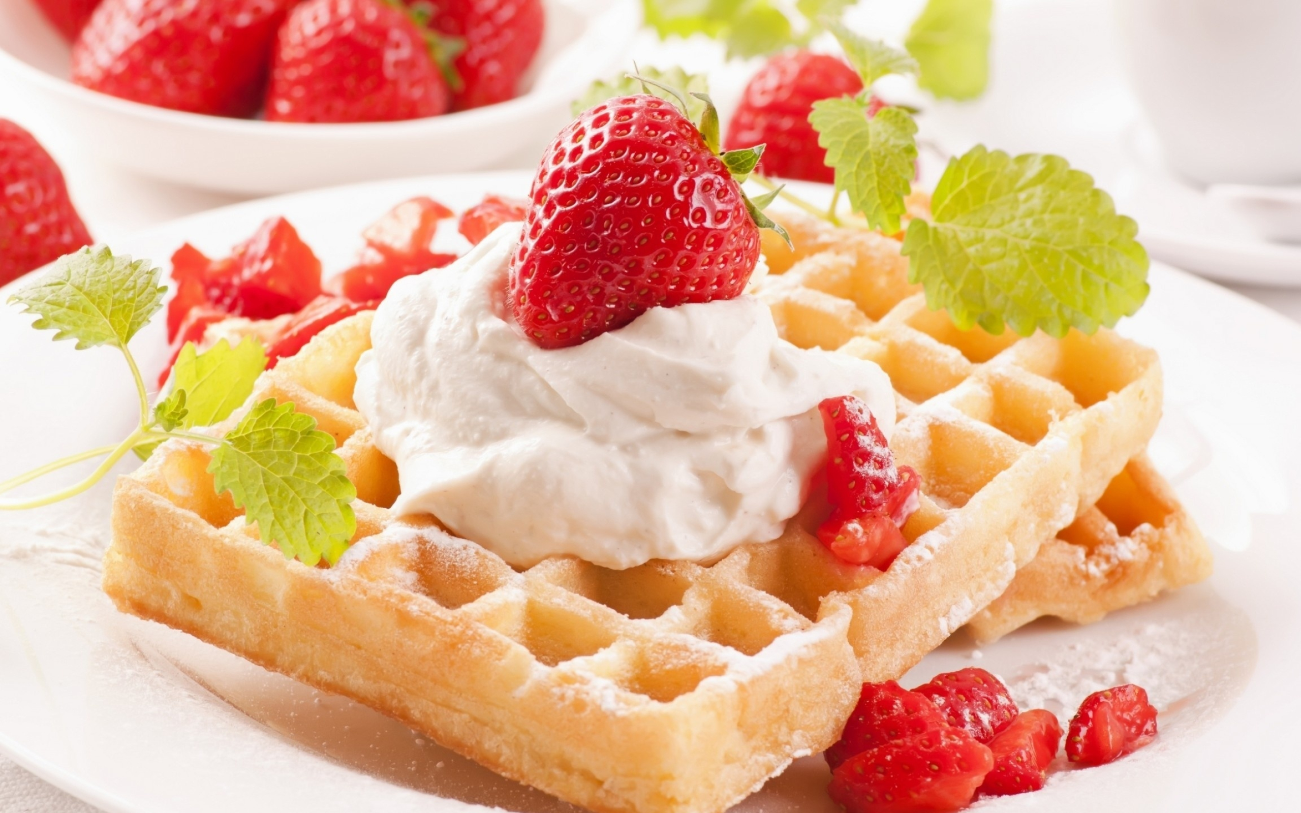 Waffle: Whipped cream, Popular dessert, Strawberries. 2560x1600 HD Wallpaper.