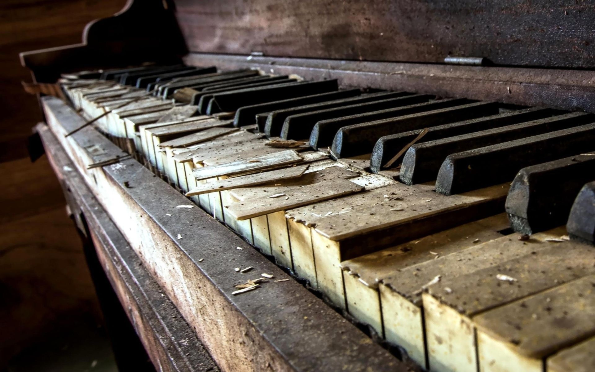 Grand Piano: Abandoned stringed keyboard instrument with a row of 88 black and white keys. 1920x1200 HD Wallpaper.