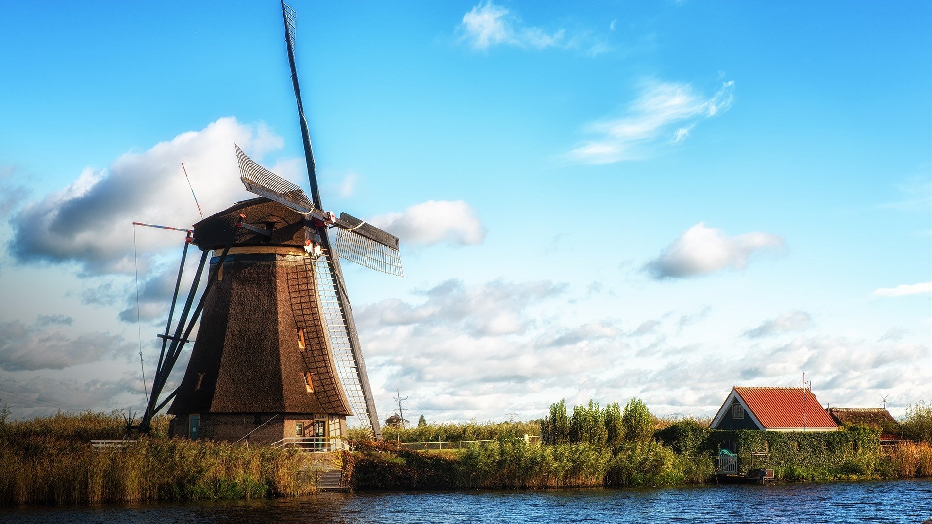 Dutch windmills, Kinderdijk, Picturesque views, Dutch landscape, 1920x1080 Full HD Desktop