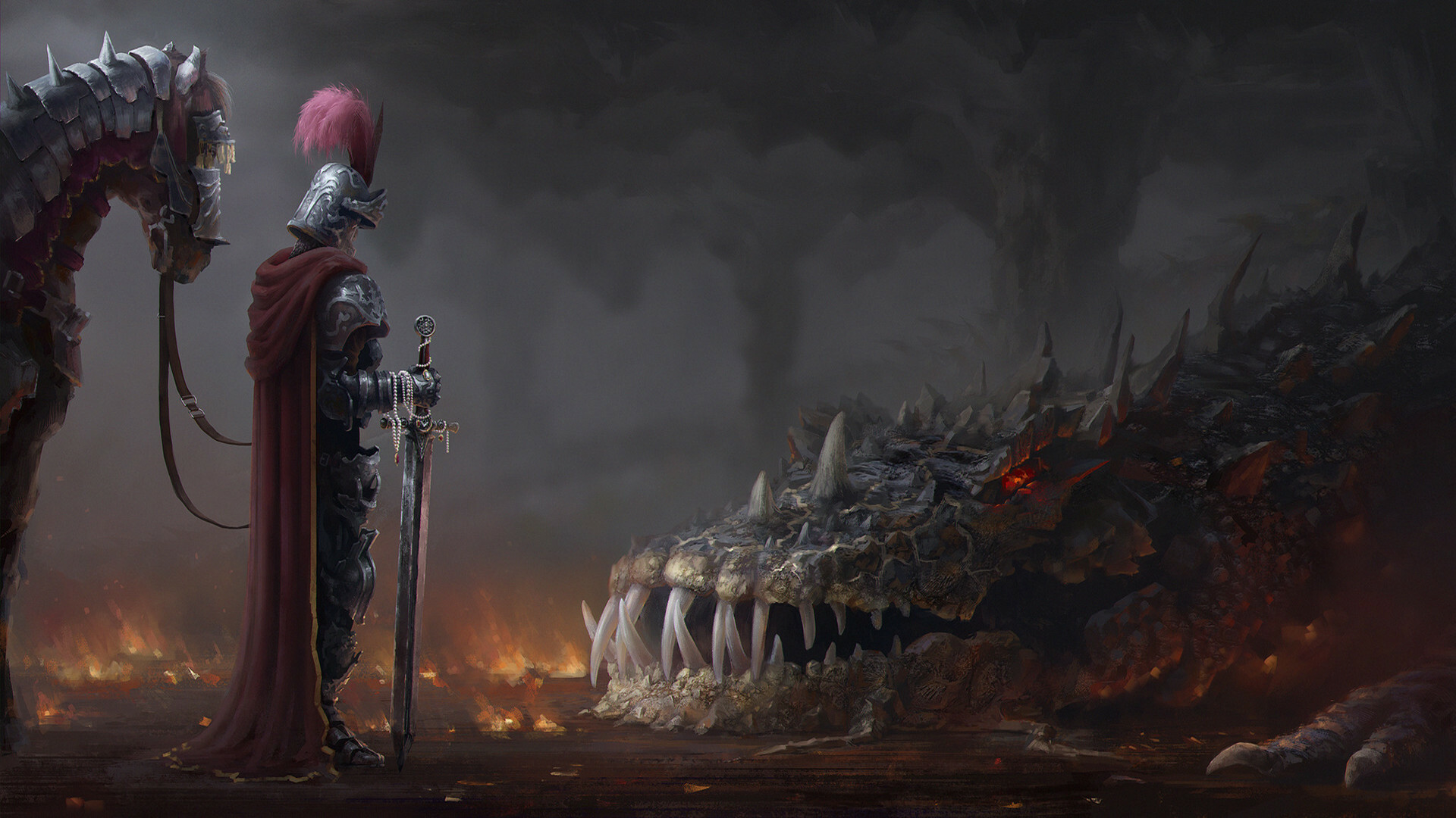Knight: Dragon, Fantasy art, Armor, Sword, Equestrian. 1920x1080 Full HD Background.