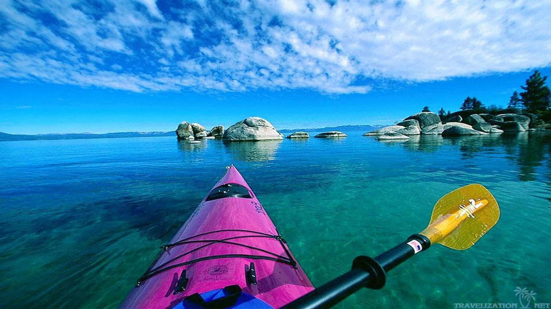 Kayaking: A kayak with a double-bladed paddle, Natural landscape and water trips activity. 1920x1080 Full HD Background.