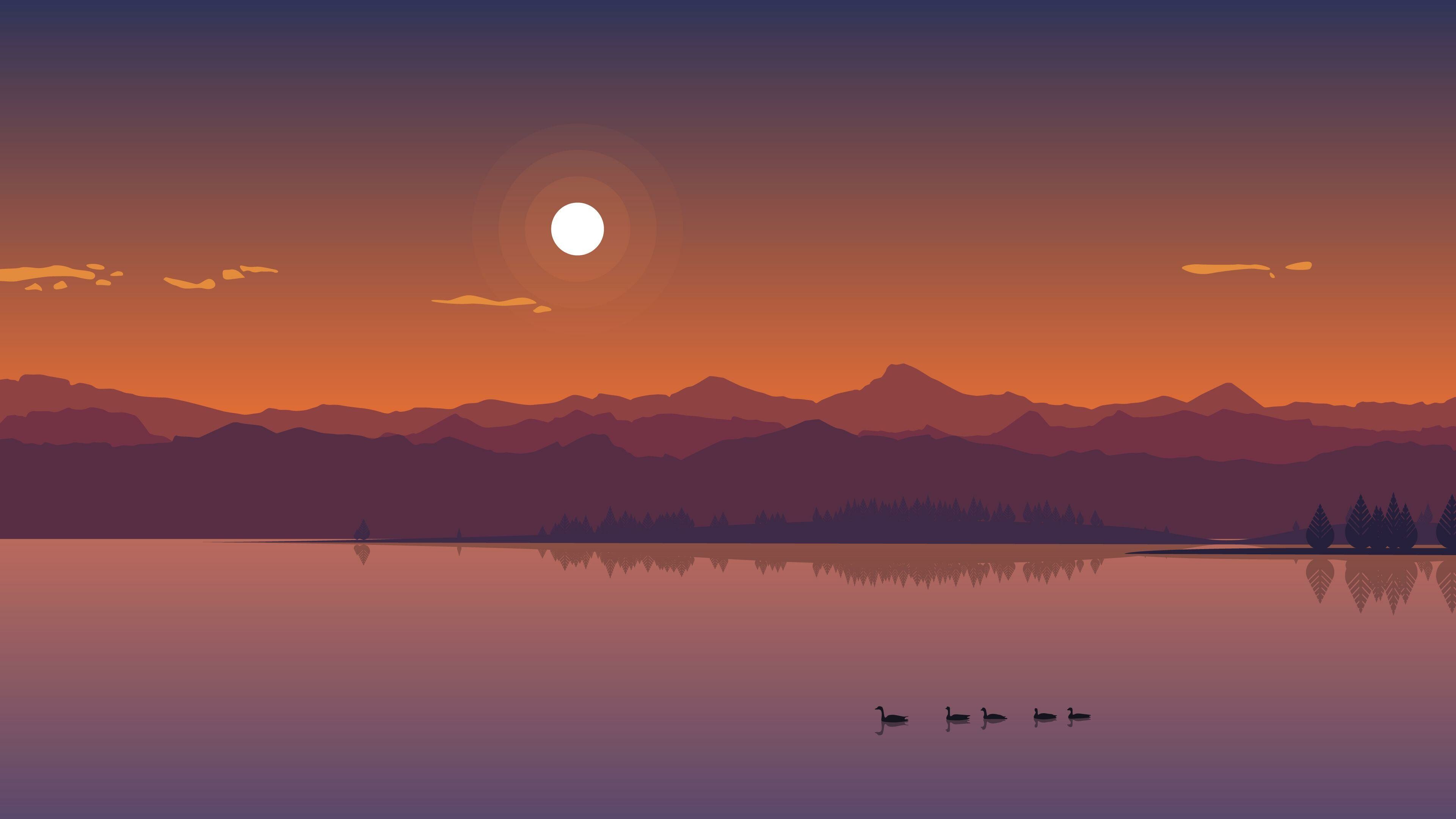 Sunset: The evening twilight, Sun, Minimalist. 3840x2160 4K Background.