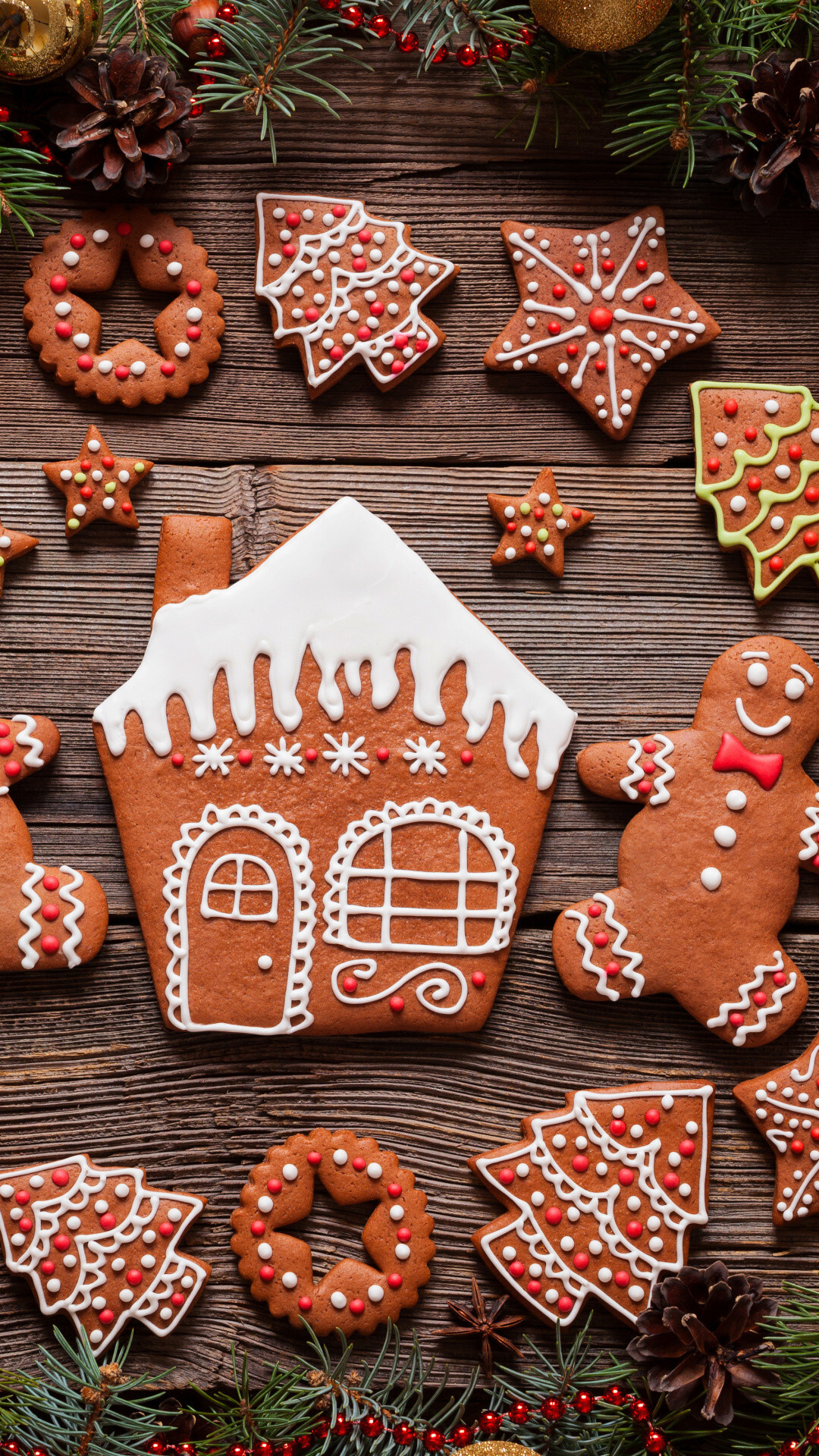 Gingerbread House: Melt-in-the-mouth gourmet ginger cookies, Icing decorations, Christmas tree, Snowflakes. 1080x1920 Full HD Wallpaper.