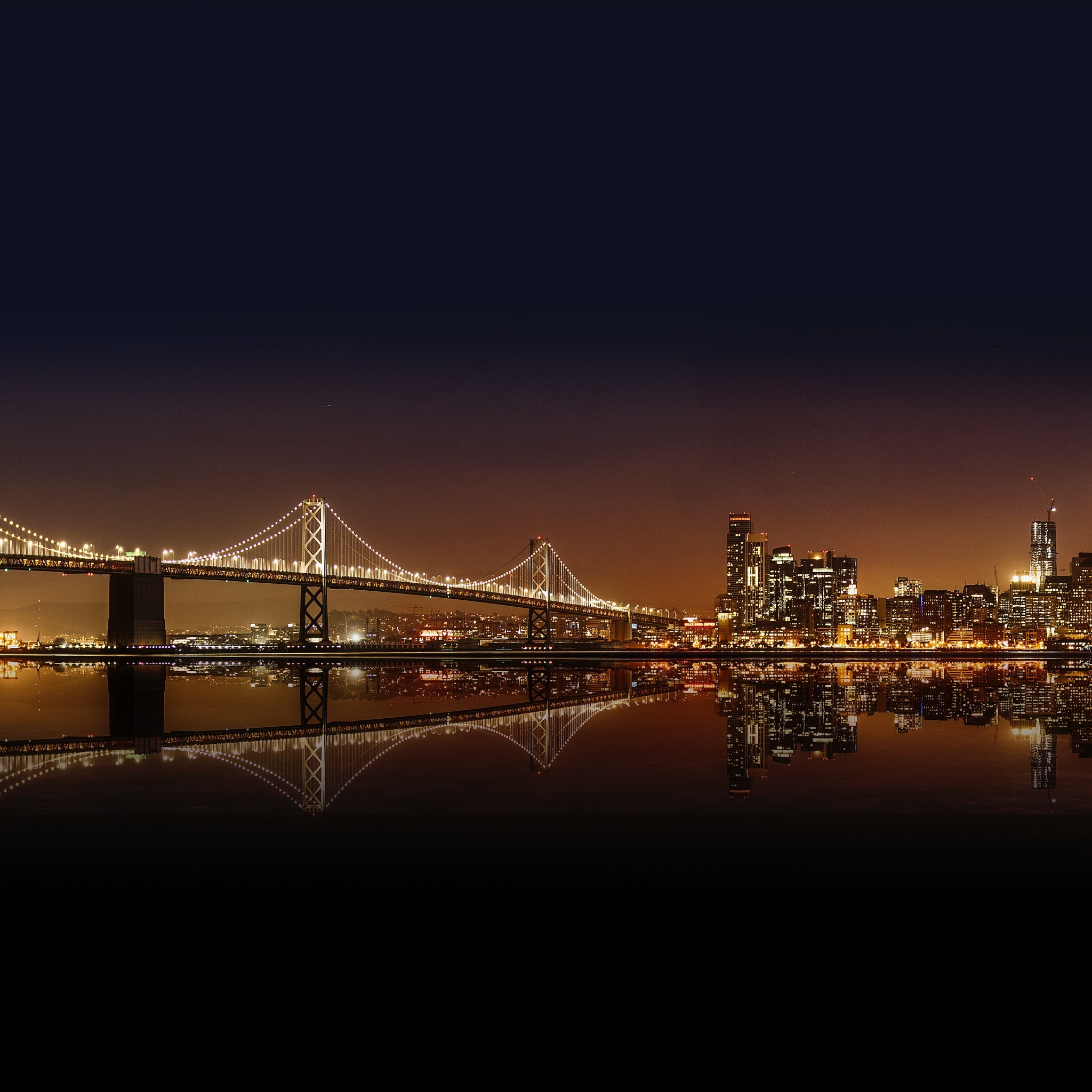 Oakland Skyline, Bay Bridge, Nighttime city lights, 2050x2050 HD Phone