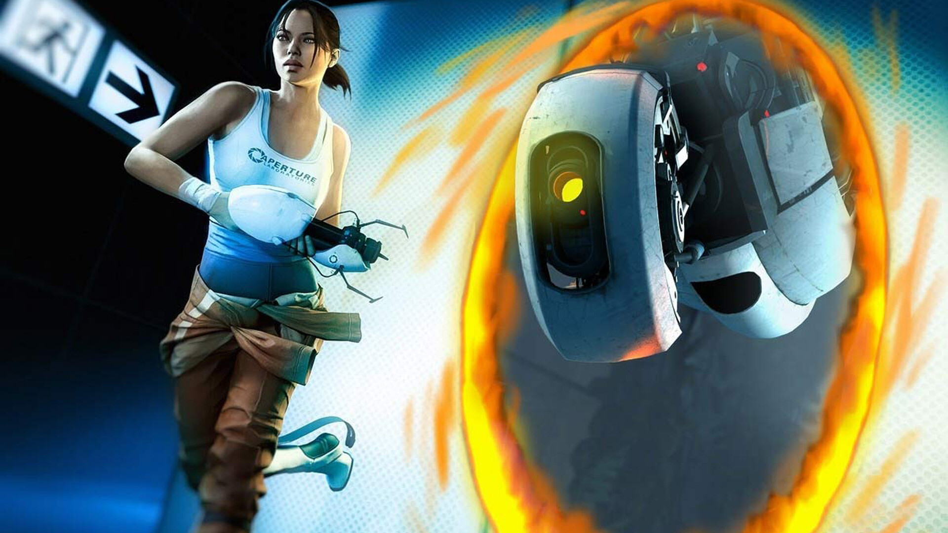 Portal 2 (Game): It tracks which chambers each player has completed and allows players to replay chambers they have completed with new partners. 1920x1080 Full HD Background.