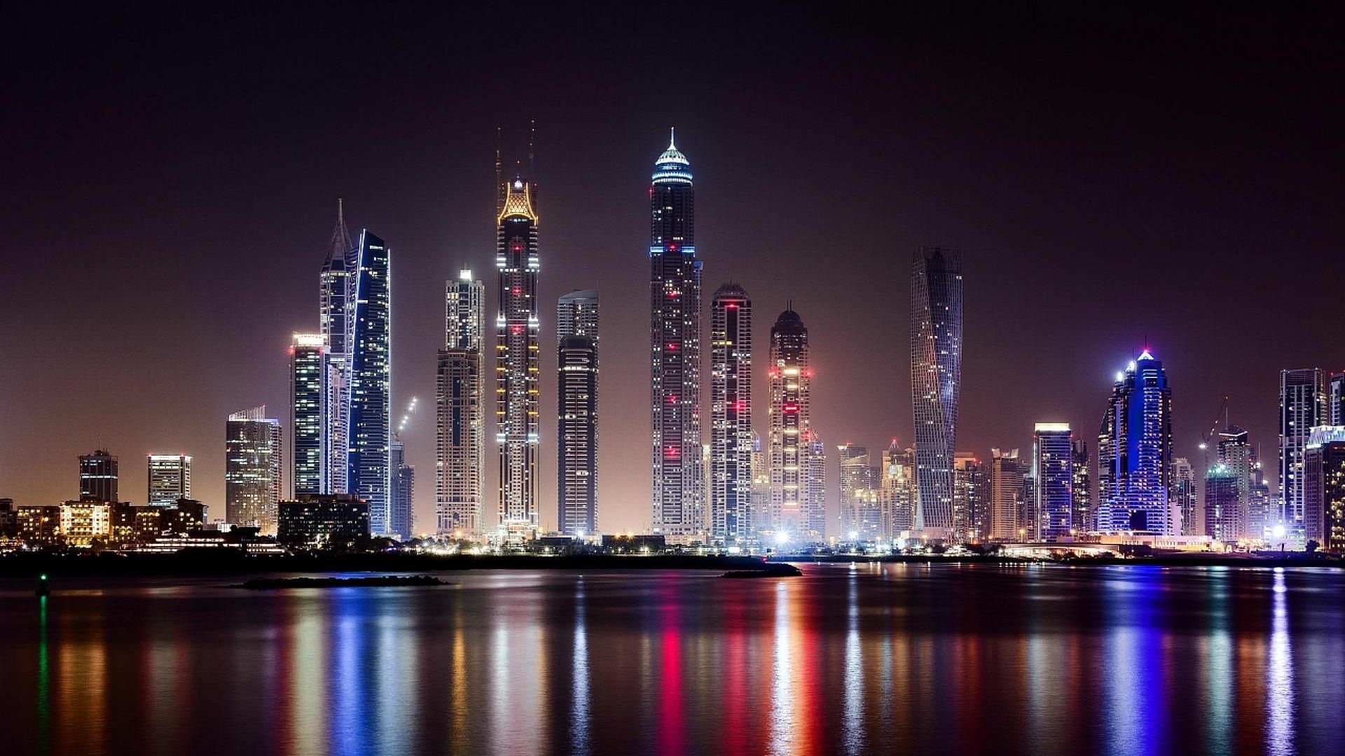 Dubai: The largest and most populous city in the UAE, Nightscape. 1920x1080 Full HD Background.