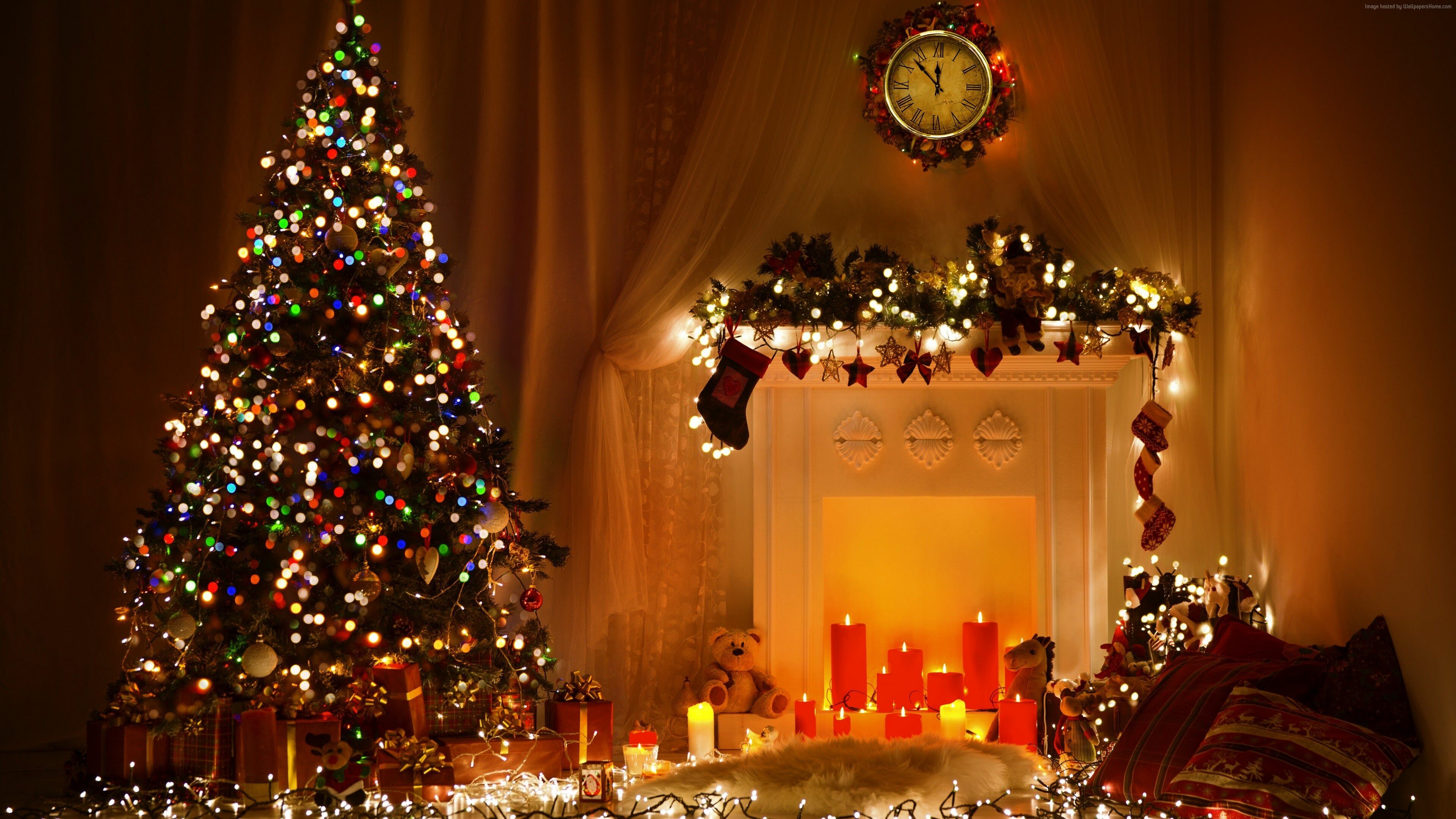 Christmas Fireplace: New Year, Toys, Decorations, Candles. 3840x2160 4K Wallpaper.