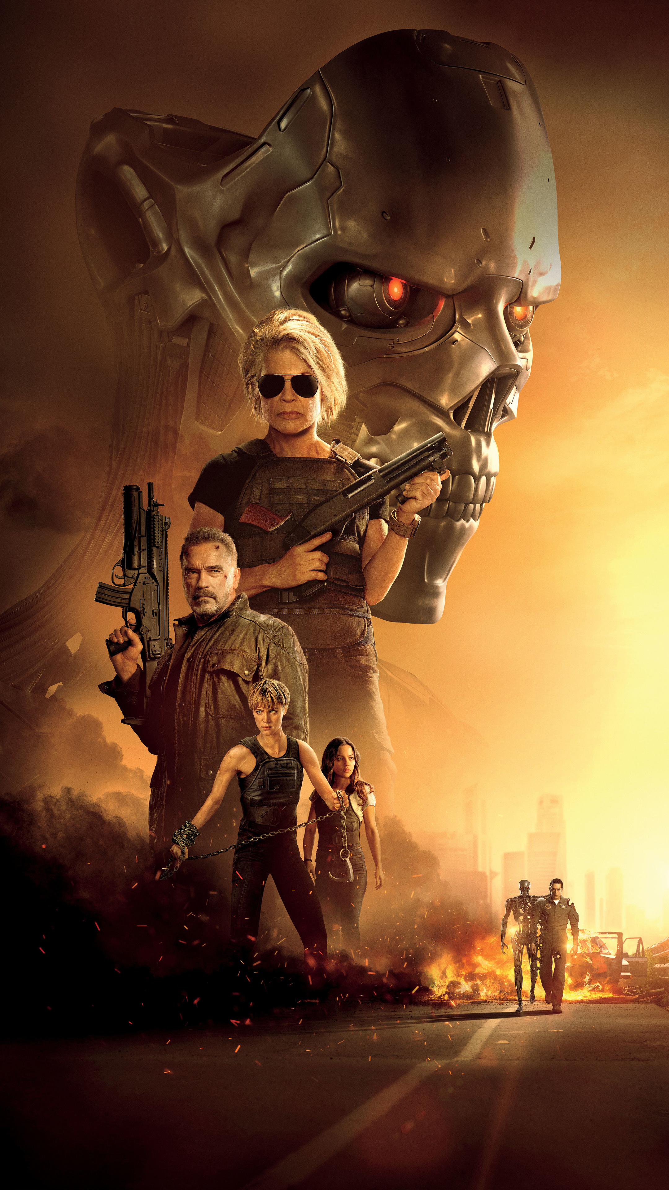Terminator: Dark Fate: The film stars Linda Hamilton and Arnold Schwarzenegger as Sarah Connor and the T-800 Terminator. 2160x3840 4K Background.