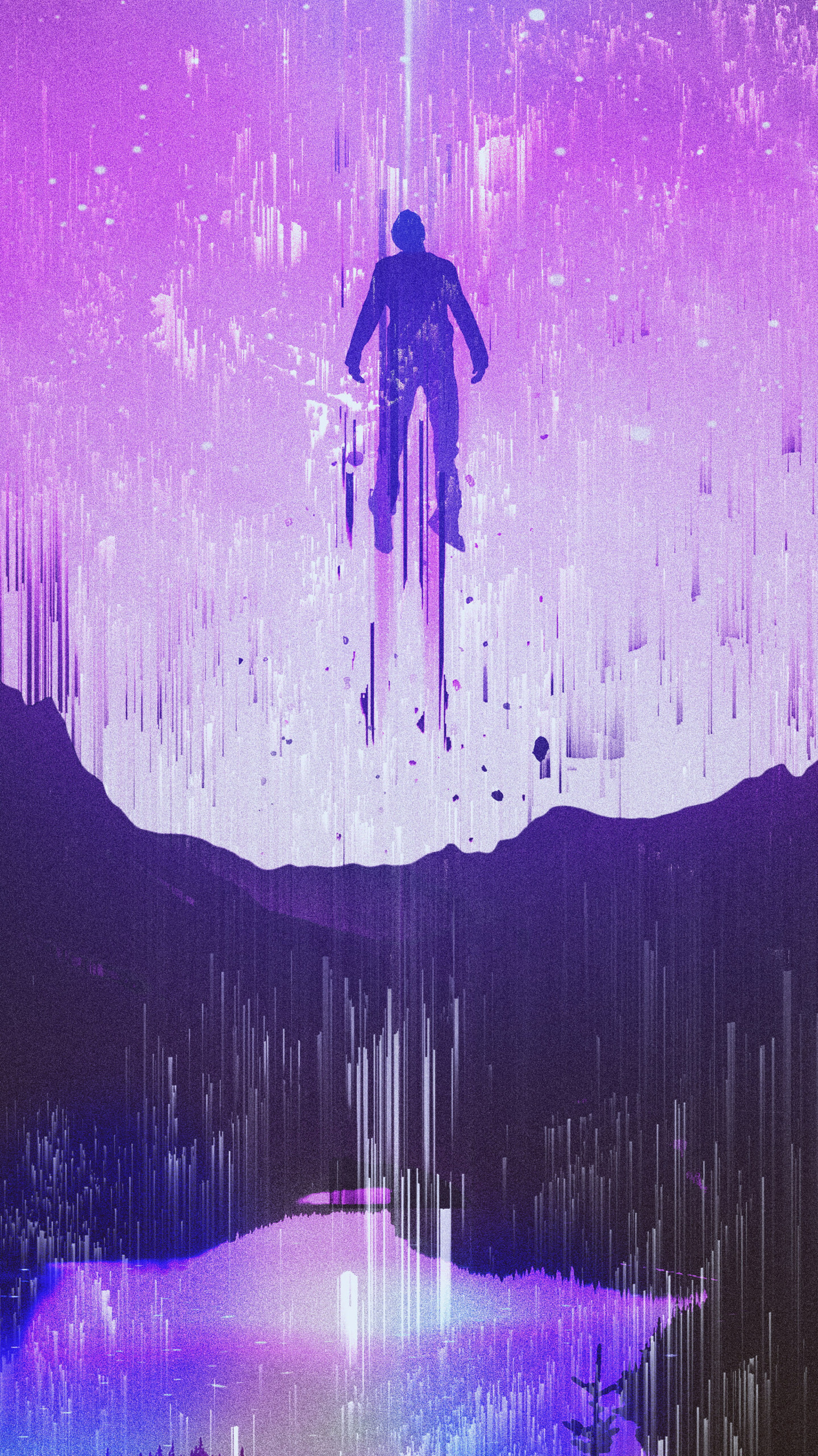 Glitch: Journey, Purple, Life, Soul, The levitating man, Mountains, Digital art. 1440x2560 HD Background.