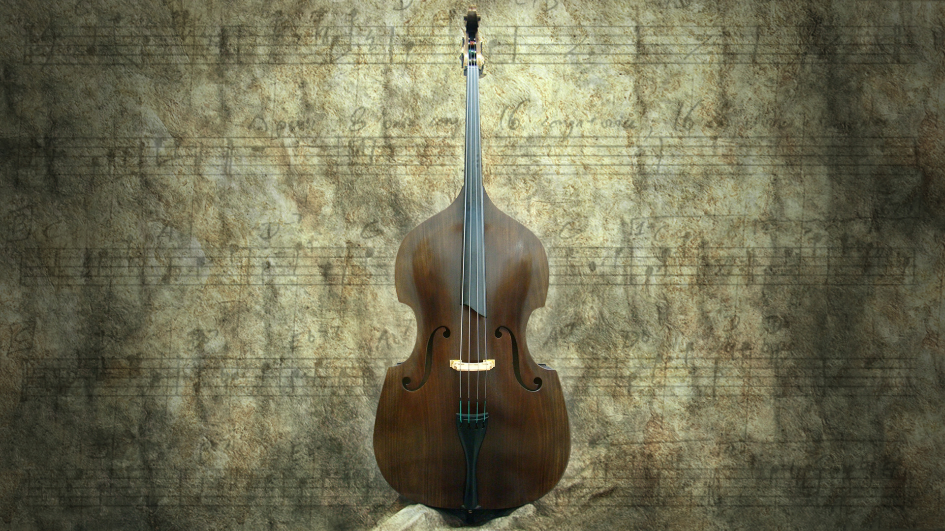 Double Bass: Upper Bout, Lower Bout, C-Bout, Tailpiece, F-Hole, Glossy Lacquered Surface, Pegbox, Tuning Pegs, Stringing, Chord. 1920x1080 Full HD Background.