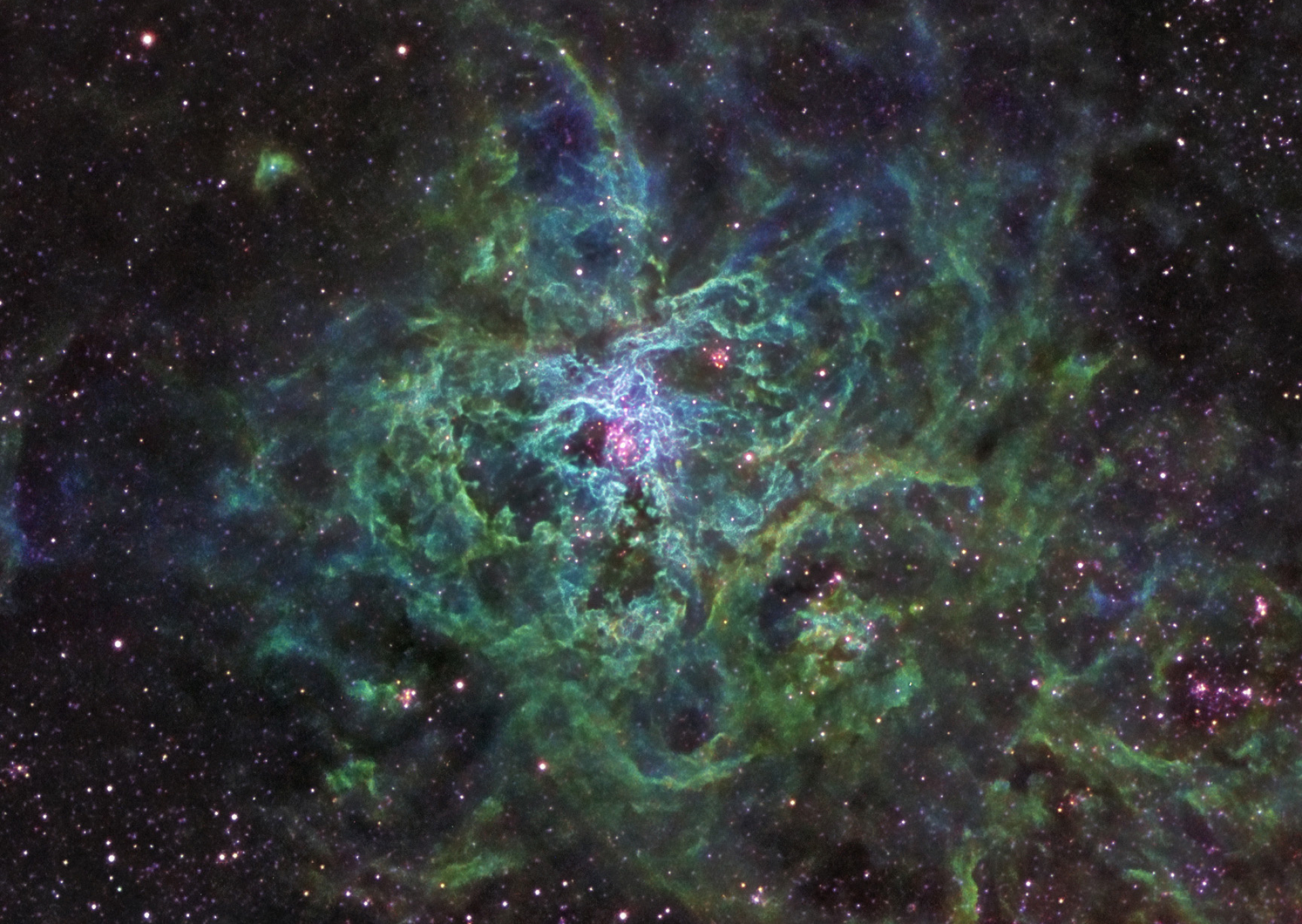 Green Nebula: 30 Doradus, The Tarantula Nebula, A large H II region in the Large Magellanic Cloud. 1920x1370 HD Wallpaper.
