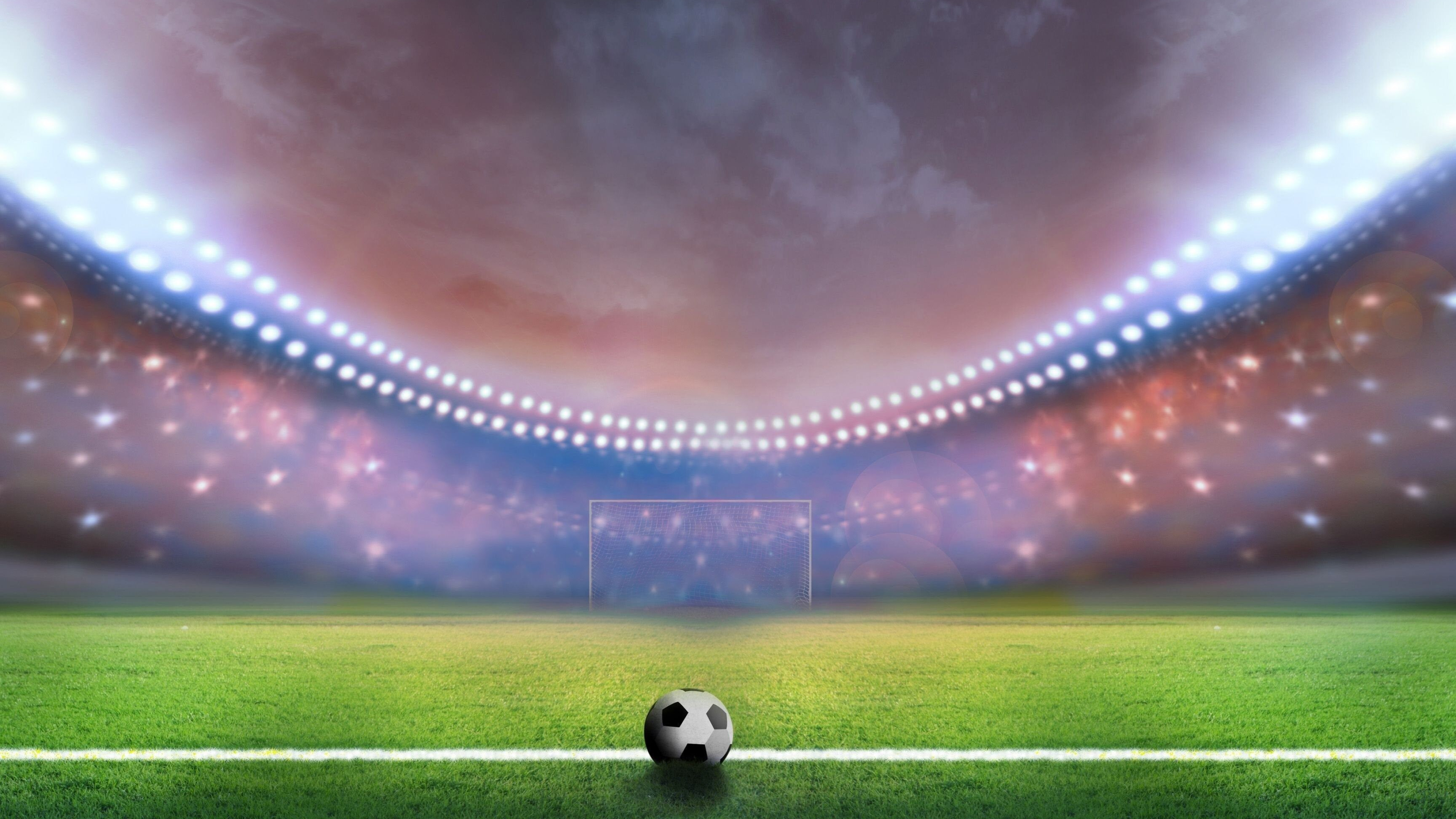 Goal (Sports): A soccer-specific stadium, Sports playing field surface, Adidas Telstar-style ball. 3840x2160 4K Background.