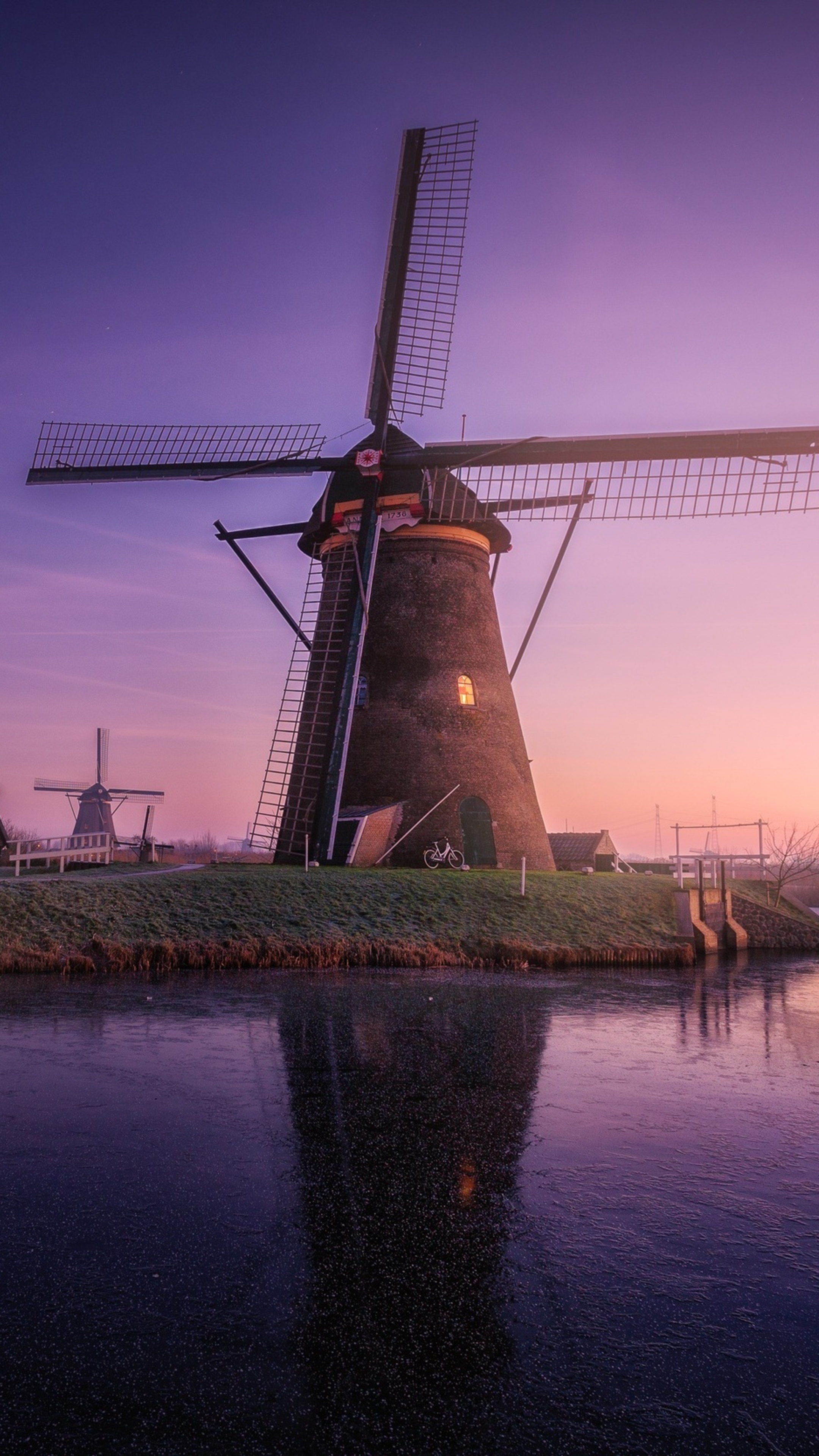 Windmill building, Sunrise reflections, Kinderdijk beauty, Field scenery, 2160x3840 4K Handy
