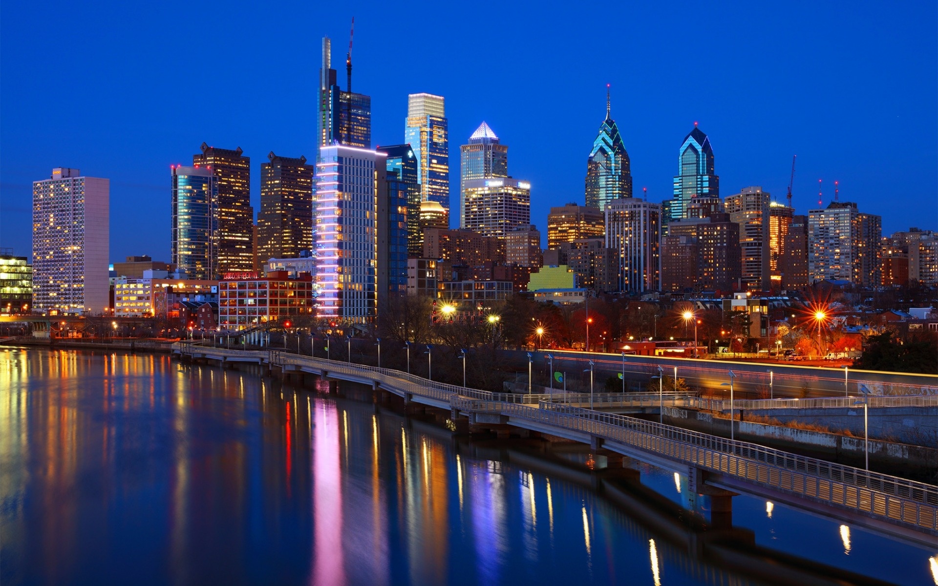Philadelphia cityscape, Evening lights, Urban splendor, Skyline brilliance, 1920x1200 HD Desktop