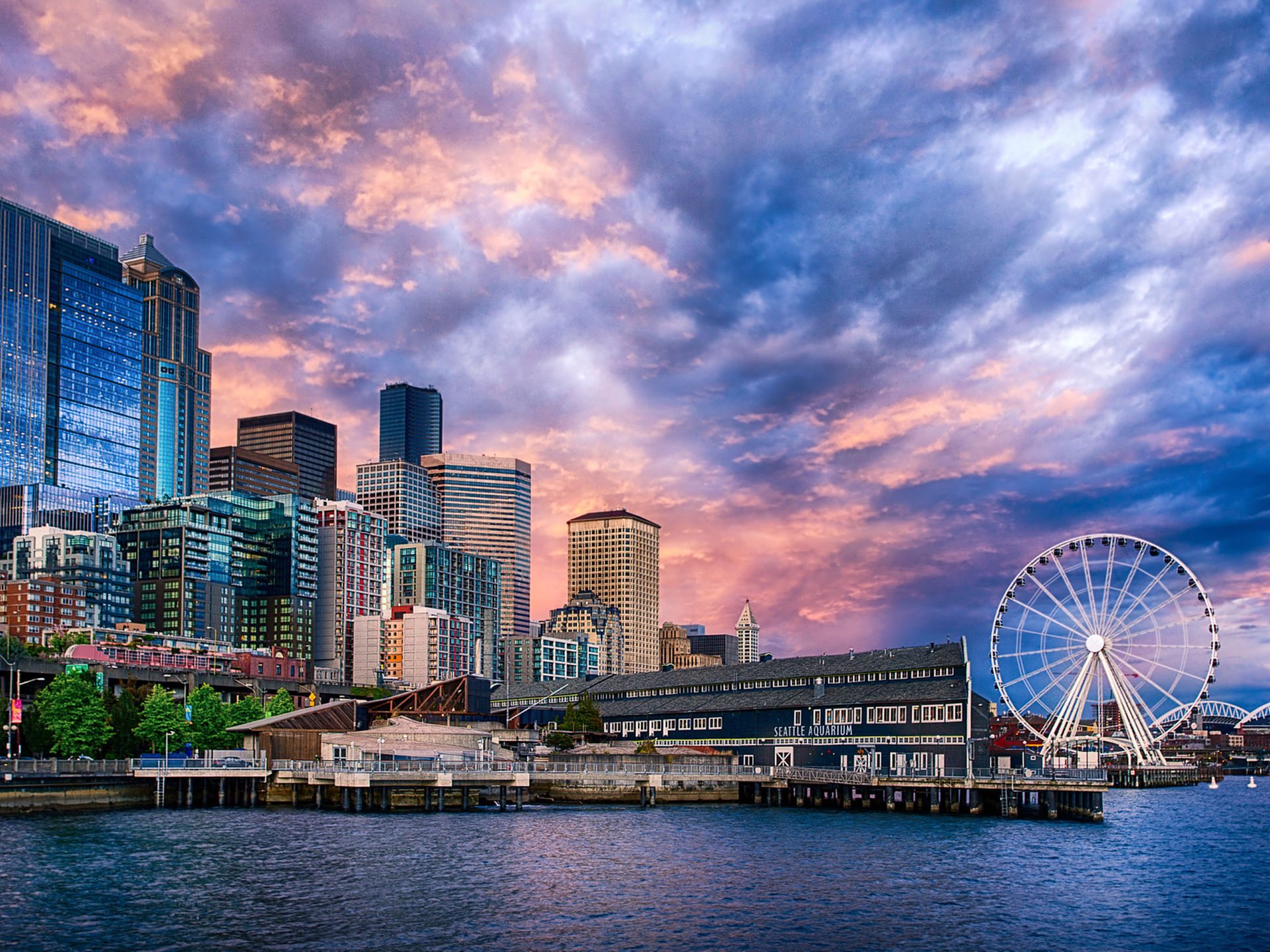Seattle, Great Wheel attraction, Urban skyline, Breathtaking sunset, 1920x1440 HD Desktop