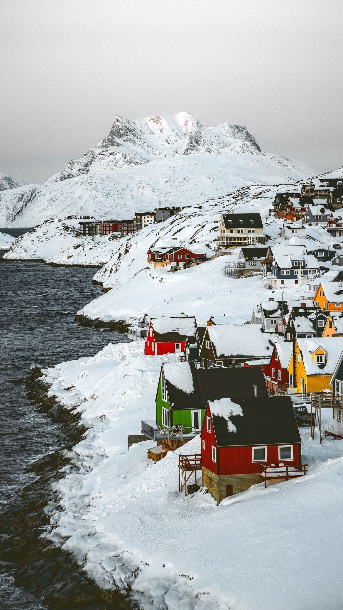 Nuuk, Village on the snowy coast, Greenland, 1400x2490 HD Handy