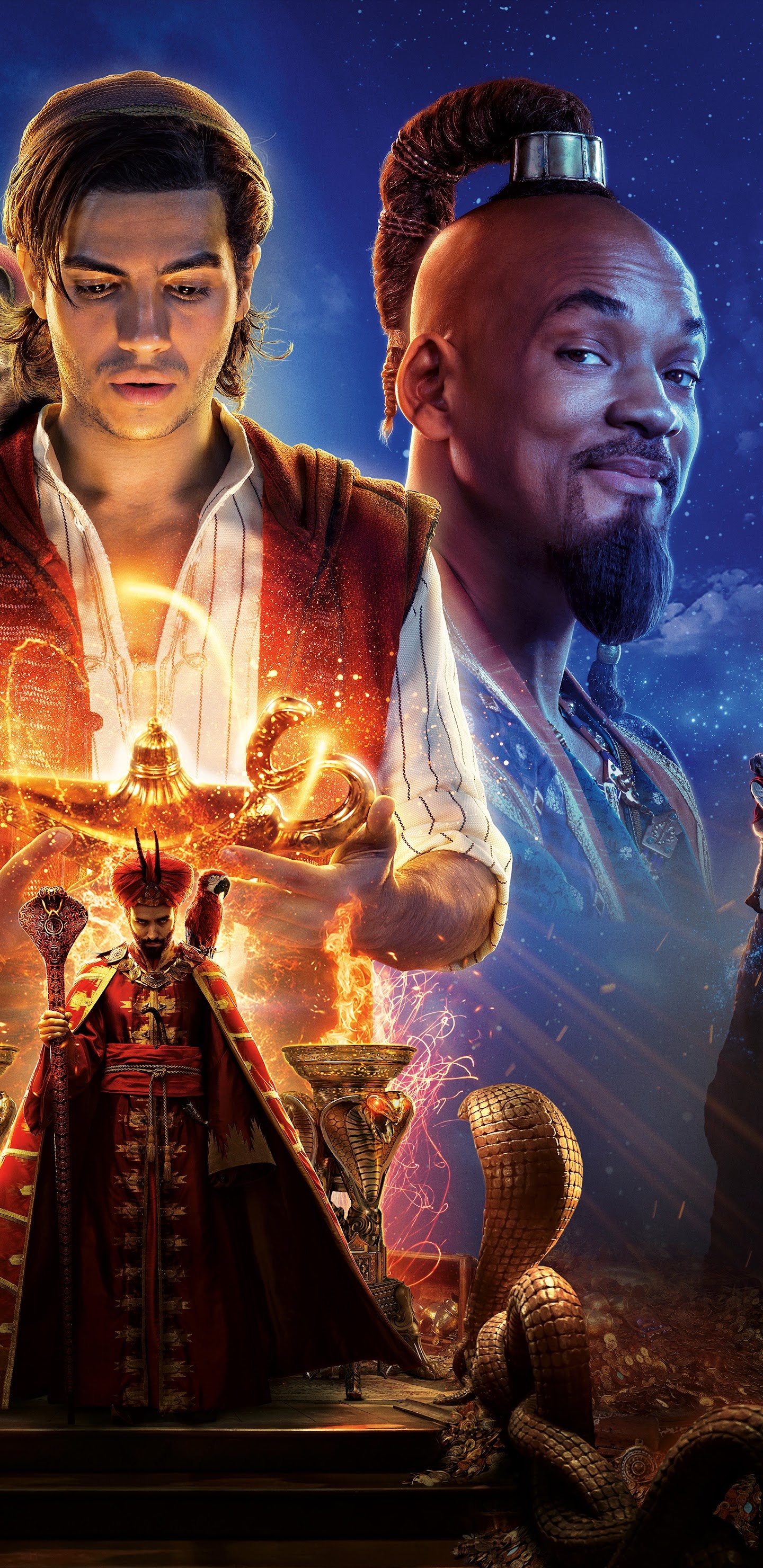 Aladdin 2019 cast, Beloved characters, 8K wallpaper, Memorable ensemble, 1440x2960 HD Phone