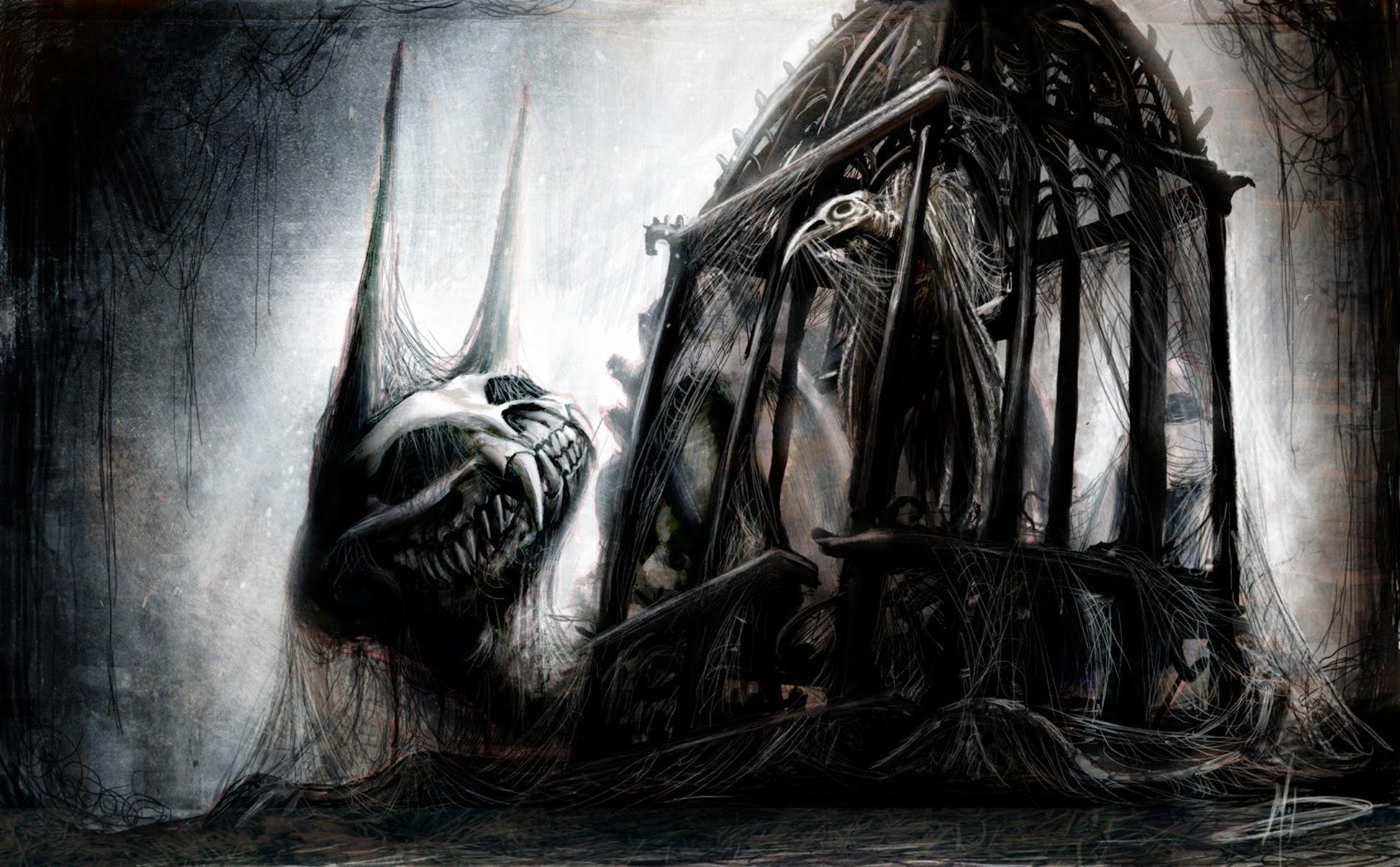Gothic Art: Fantasy art, Undead, Visual style, Monster's scull, Cage, Web, Dark drawing. 1950x1210 HD Background.