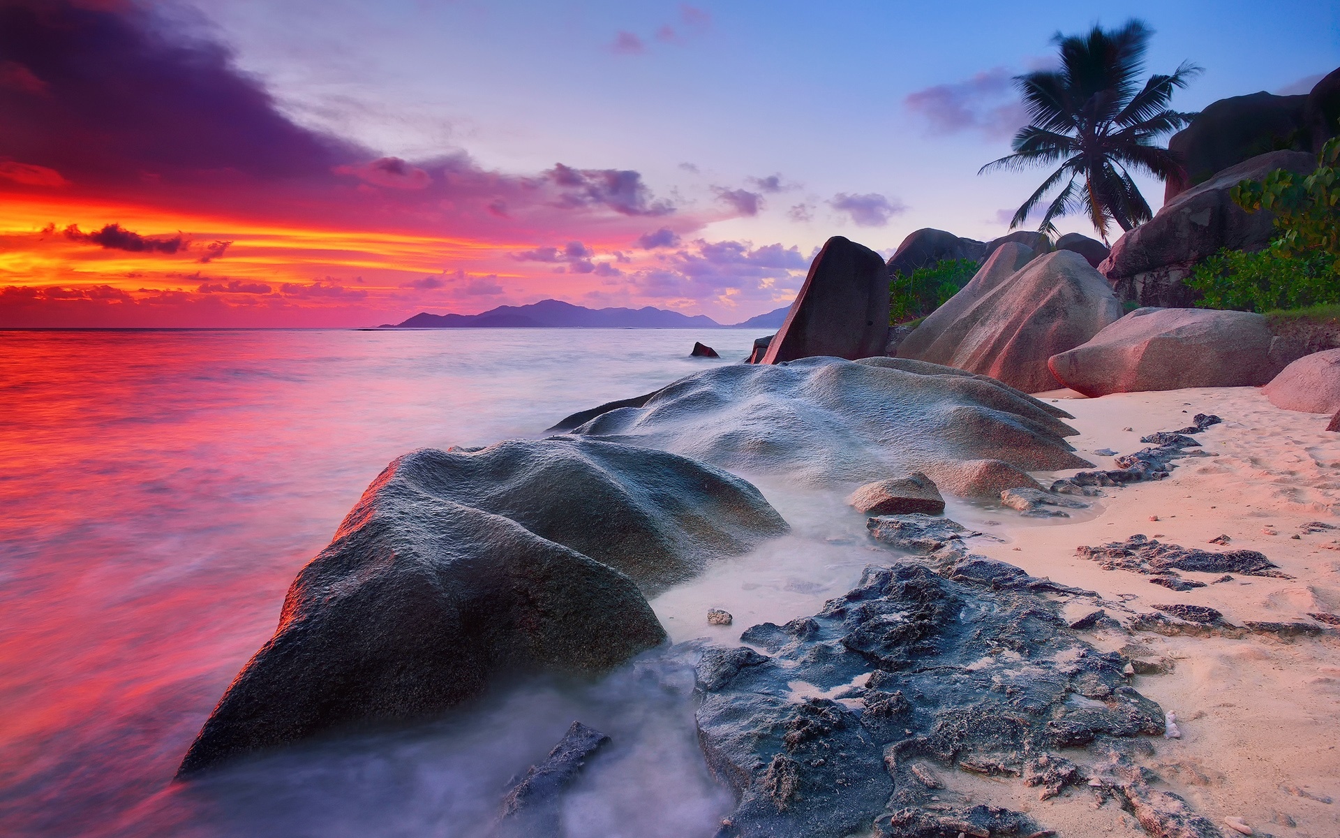 Indian Ocean, Seychelles, Palm trees, Sunset, 1920x1200 HD Desktop
