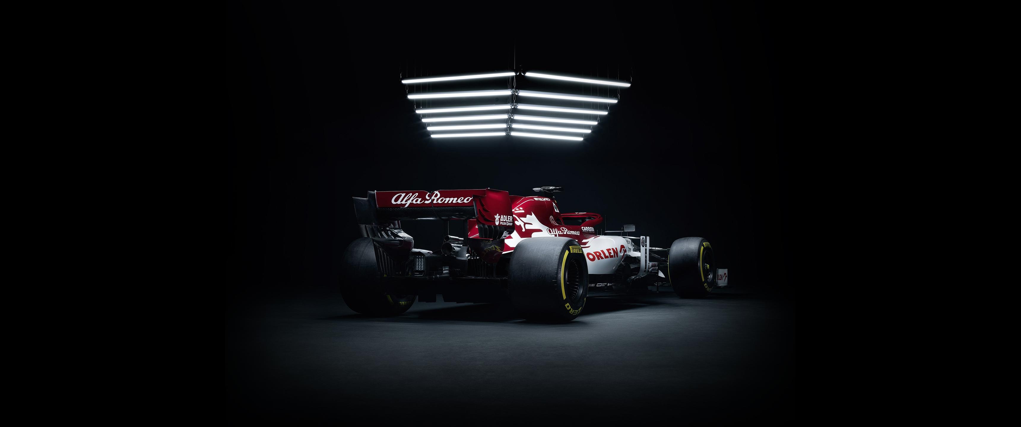 Formula 1: Alfa Romeo C39, driven by Kimi Raikkonen and Antonio Giovinazzi, 2020. 3440x1440 Dual Screen Wallpaper.