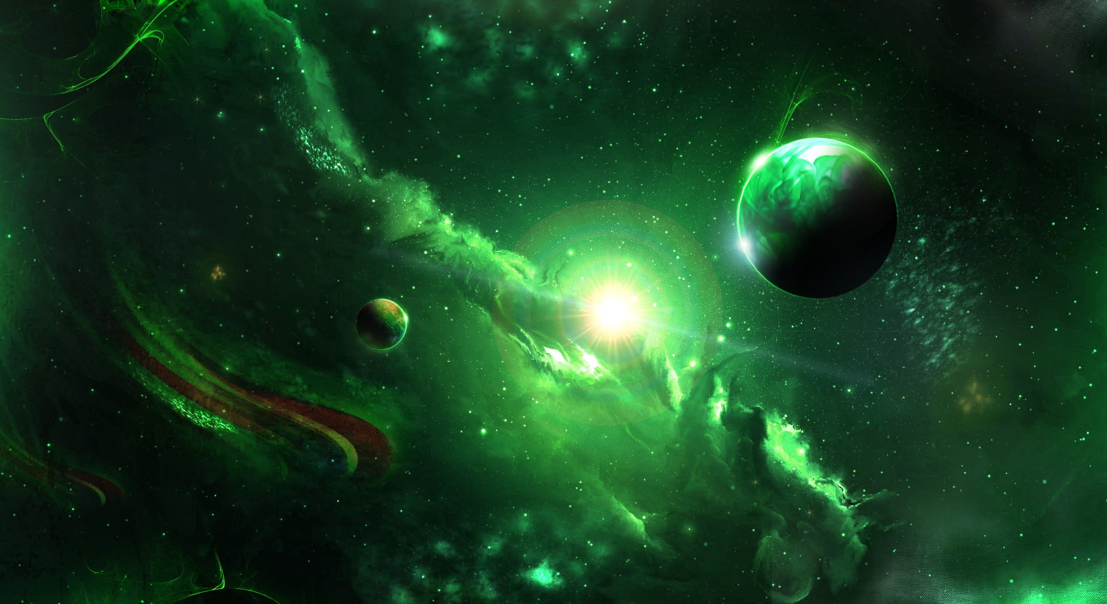 Green Nebula: Outer space monochrome green fan art, Planets and a star. 3840x2100 HD Wallpaper.