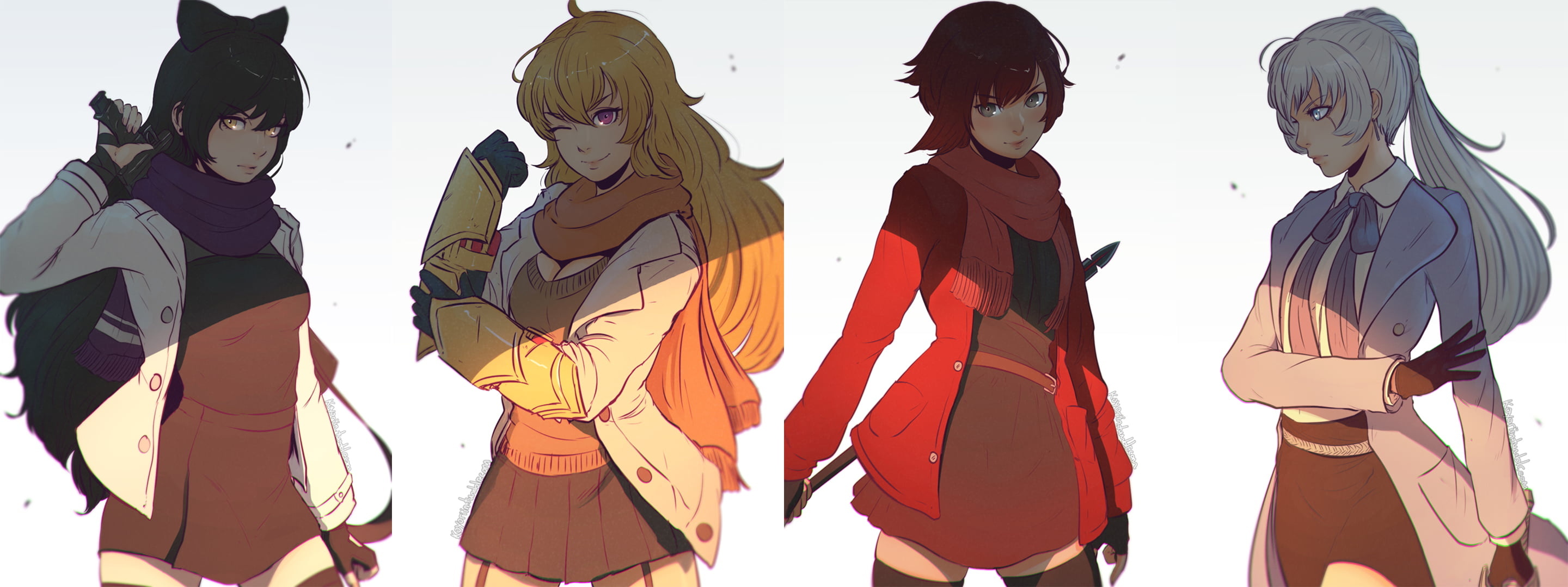 Weiss Schnee in frame, Yang Xiao Long depiction, Animated character display, RWBY collaboration, design, 2880x1080 Dual Screen Desktop